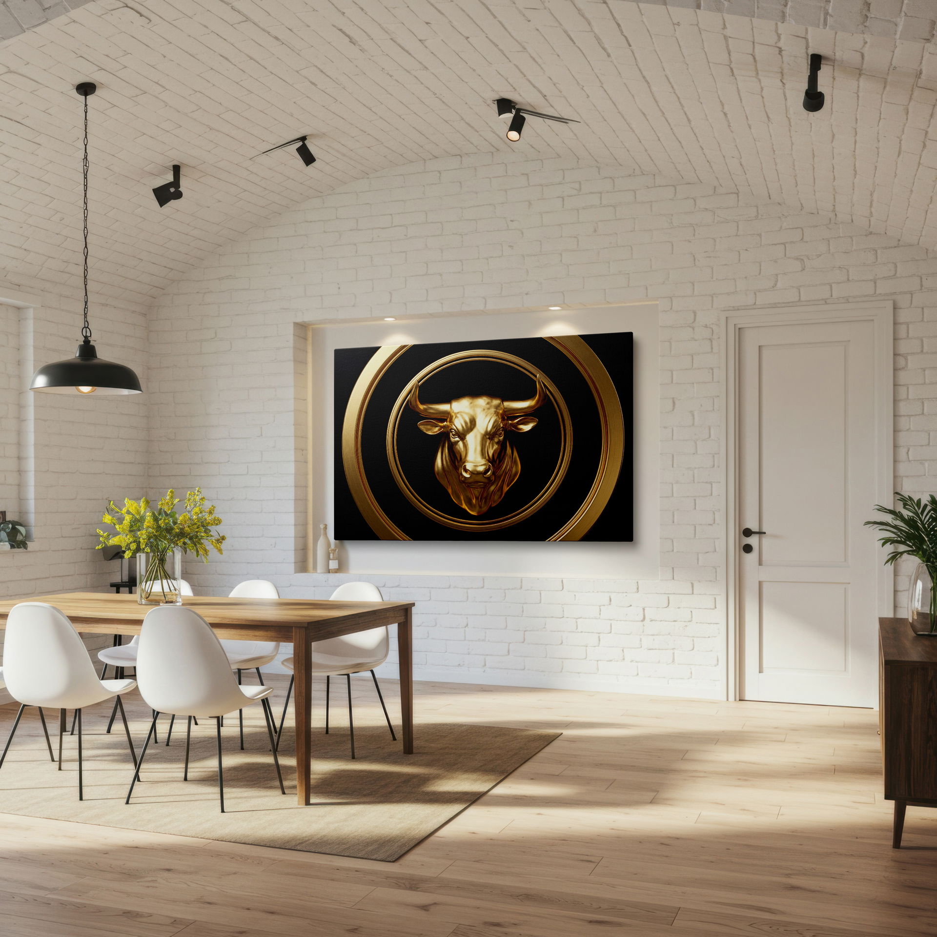 Striking golden bull abstract wall art and home decor, creating a sophisticated and bold focal point for any modern room.