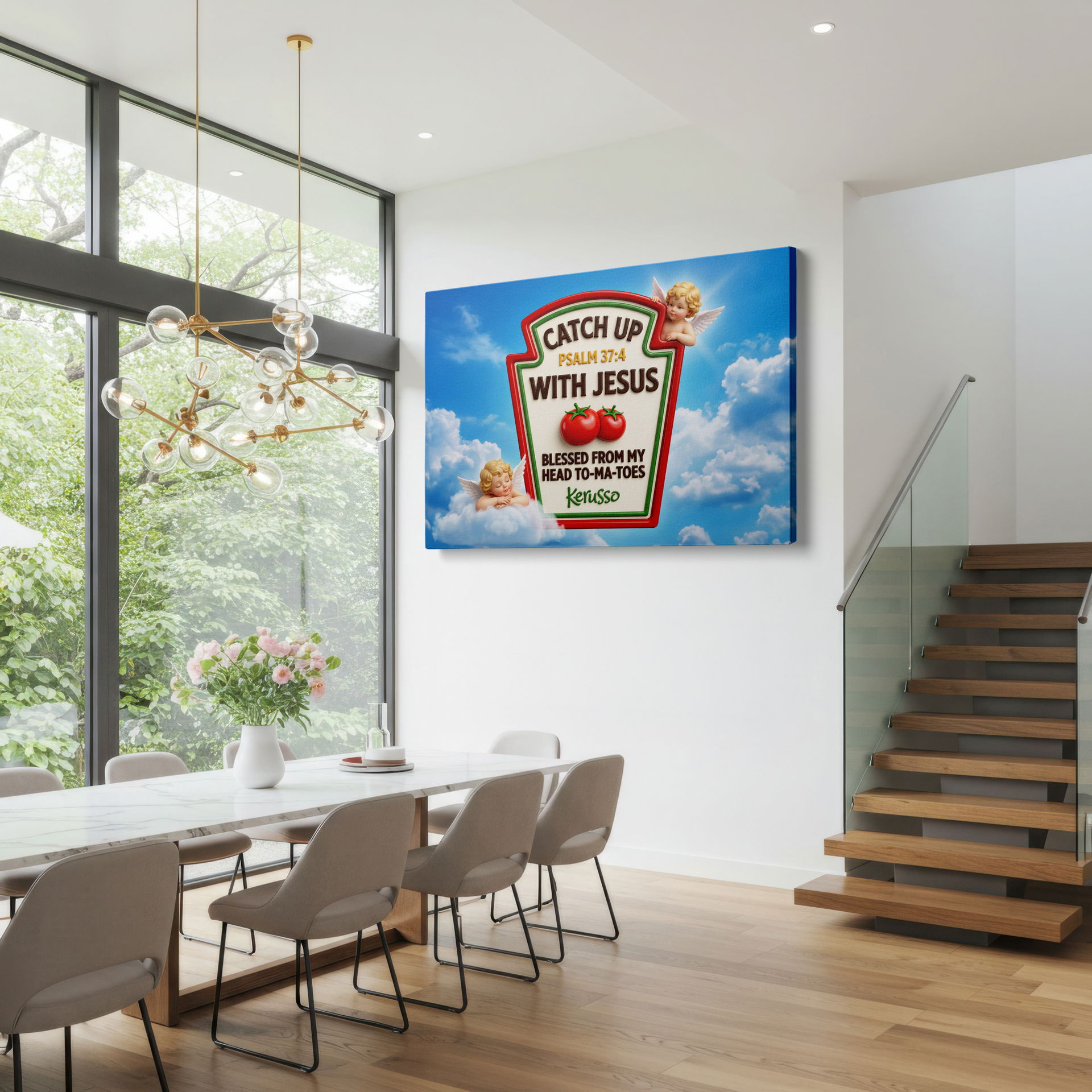 Full view of the unique religious wall art showing the ketchup bottle design and cherubic angels, wall decor