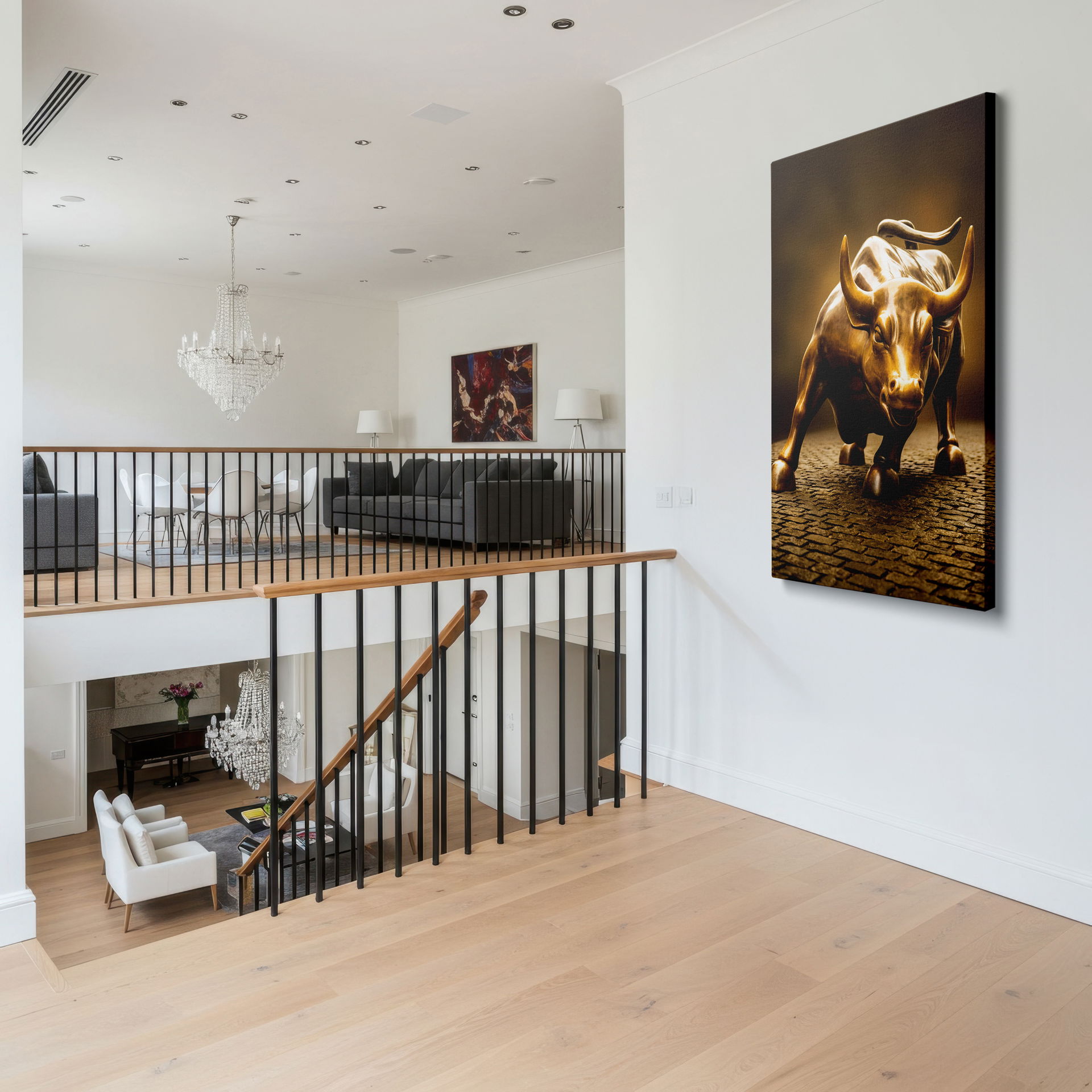 Financial district symbolism captured in striking Charging Bull wall art, adding sophistication to home or office wall decor.