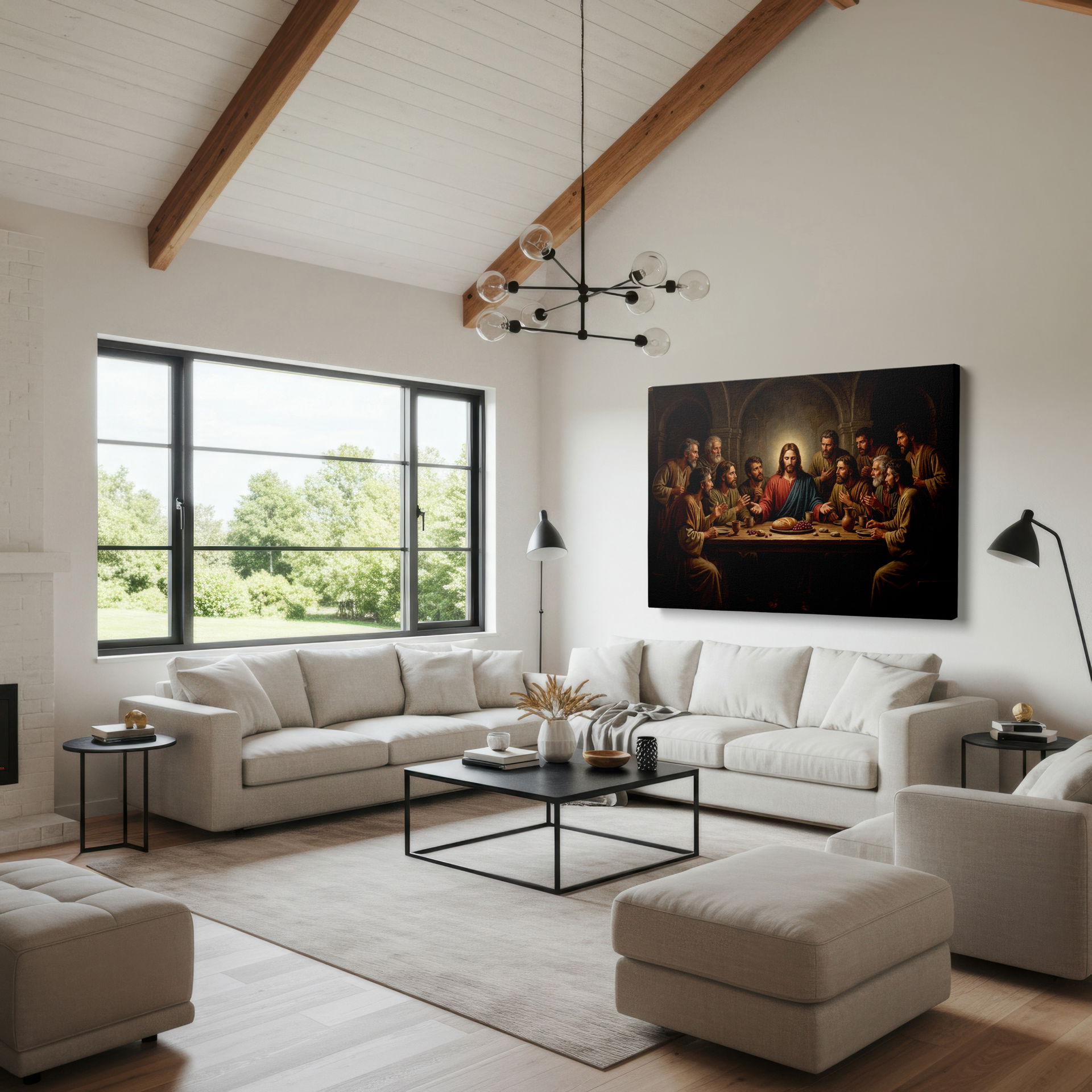 The Last Supper canvas wall art displayed in a living room setting, highlighting its use as spiritual wall decor.