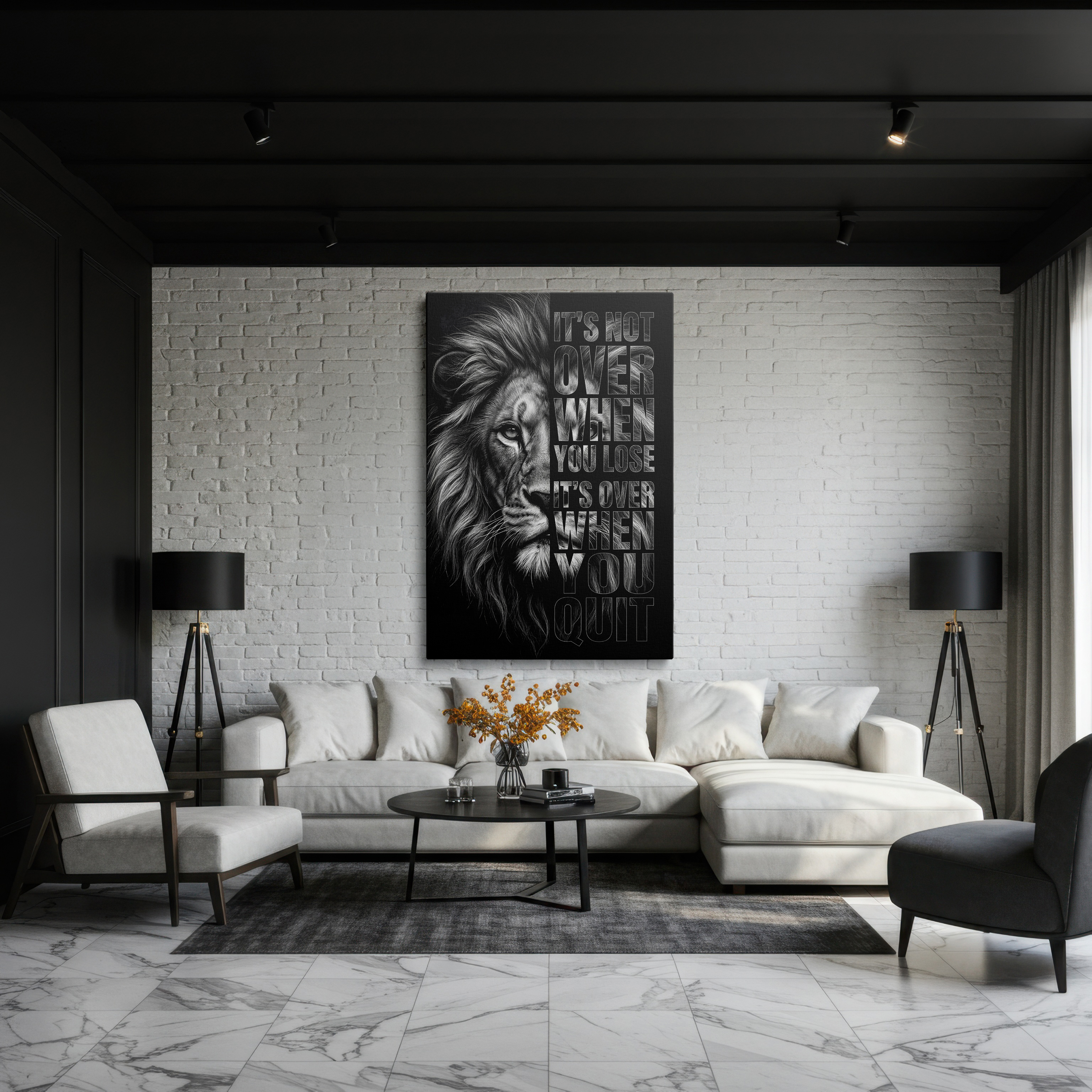 Full view of the strength-symbolizing lion motivational quote canvas wall art, excellent office wall decor.