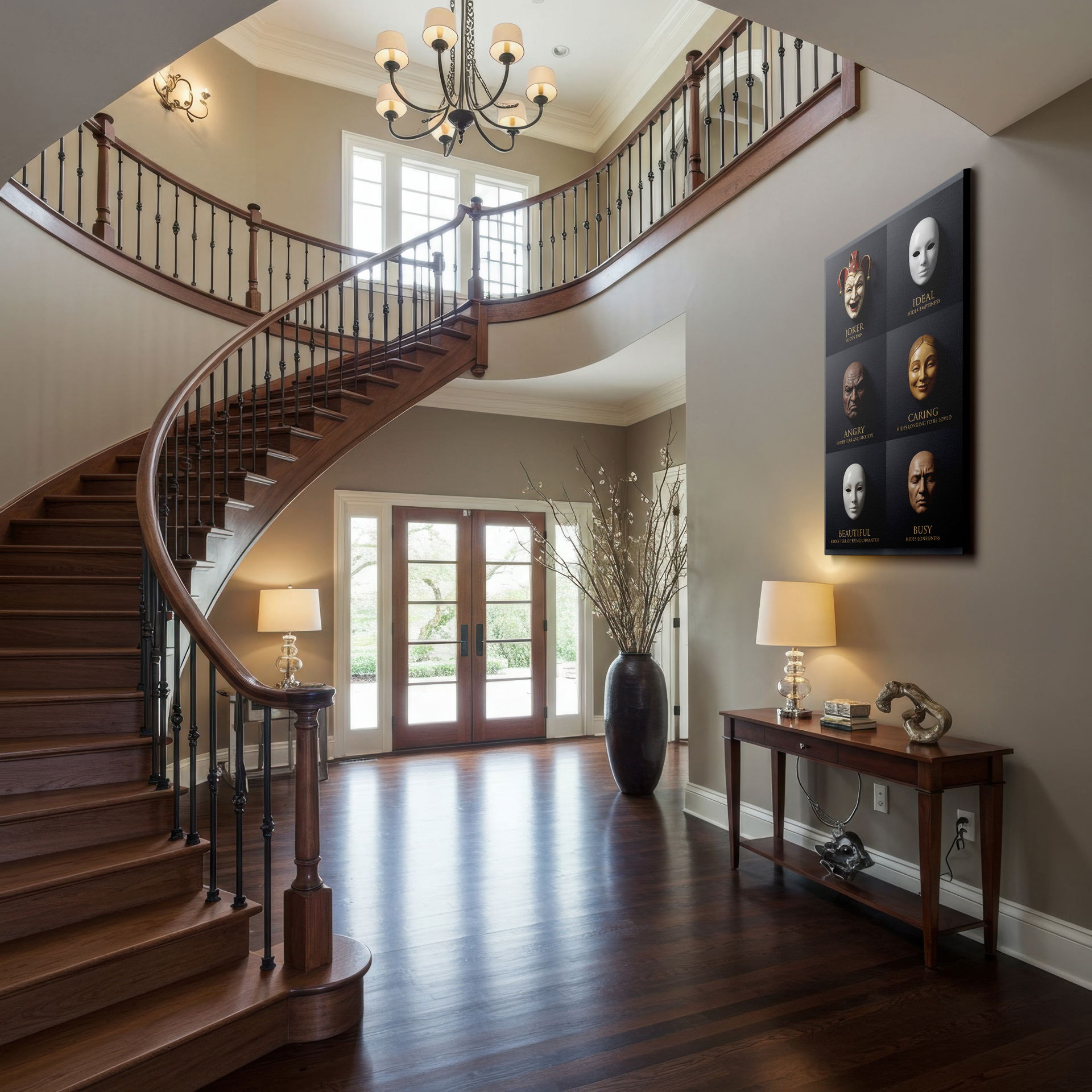 The full composition of the six emotional masks in the "The Masks We Wear" wall art, serving as powerful wall decor.