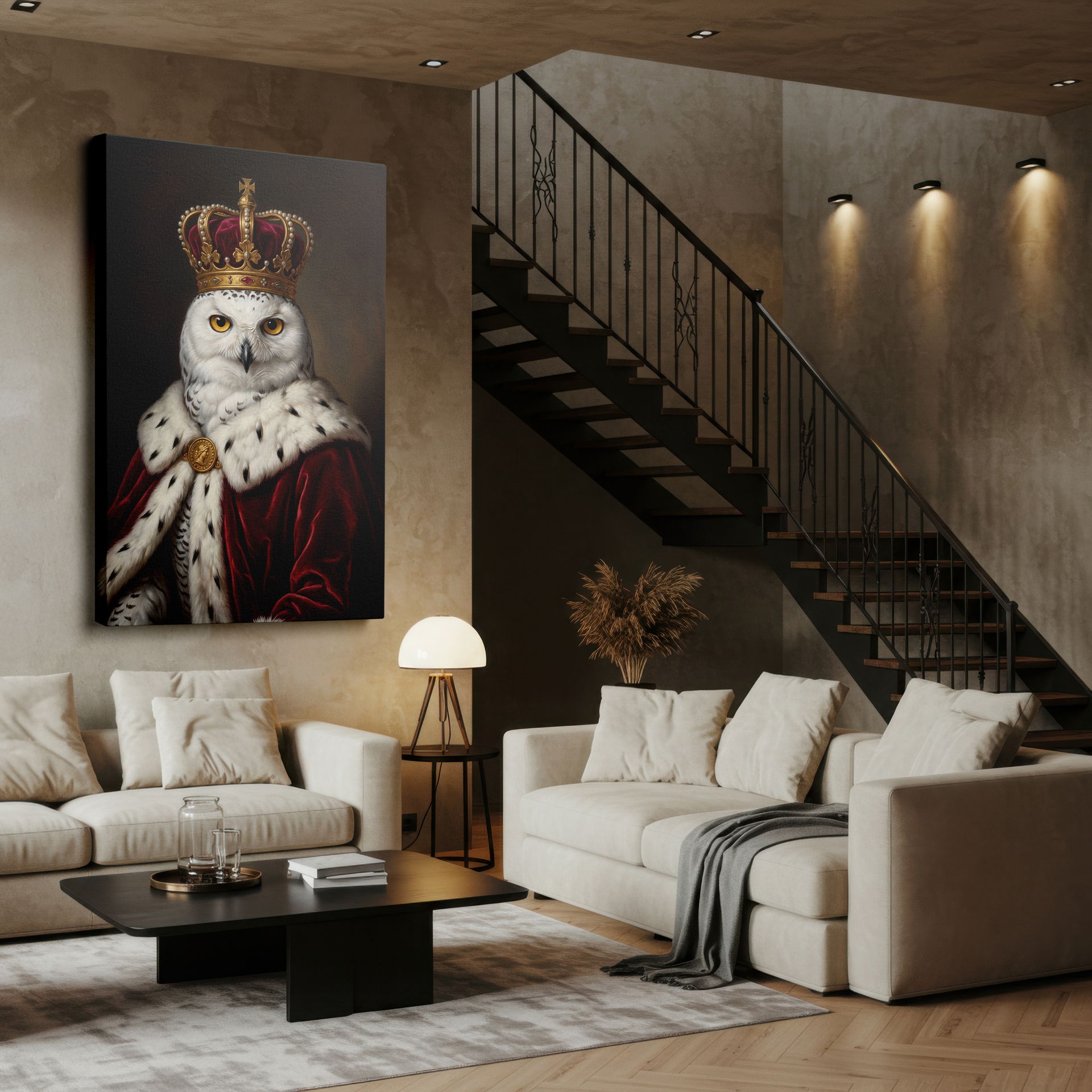 Detailed shot of the ornate golden medallion on the owl's royal robe, adding elegance to the wall art. wall decor