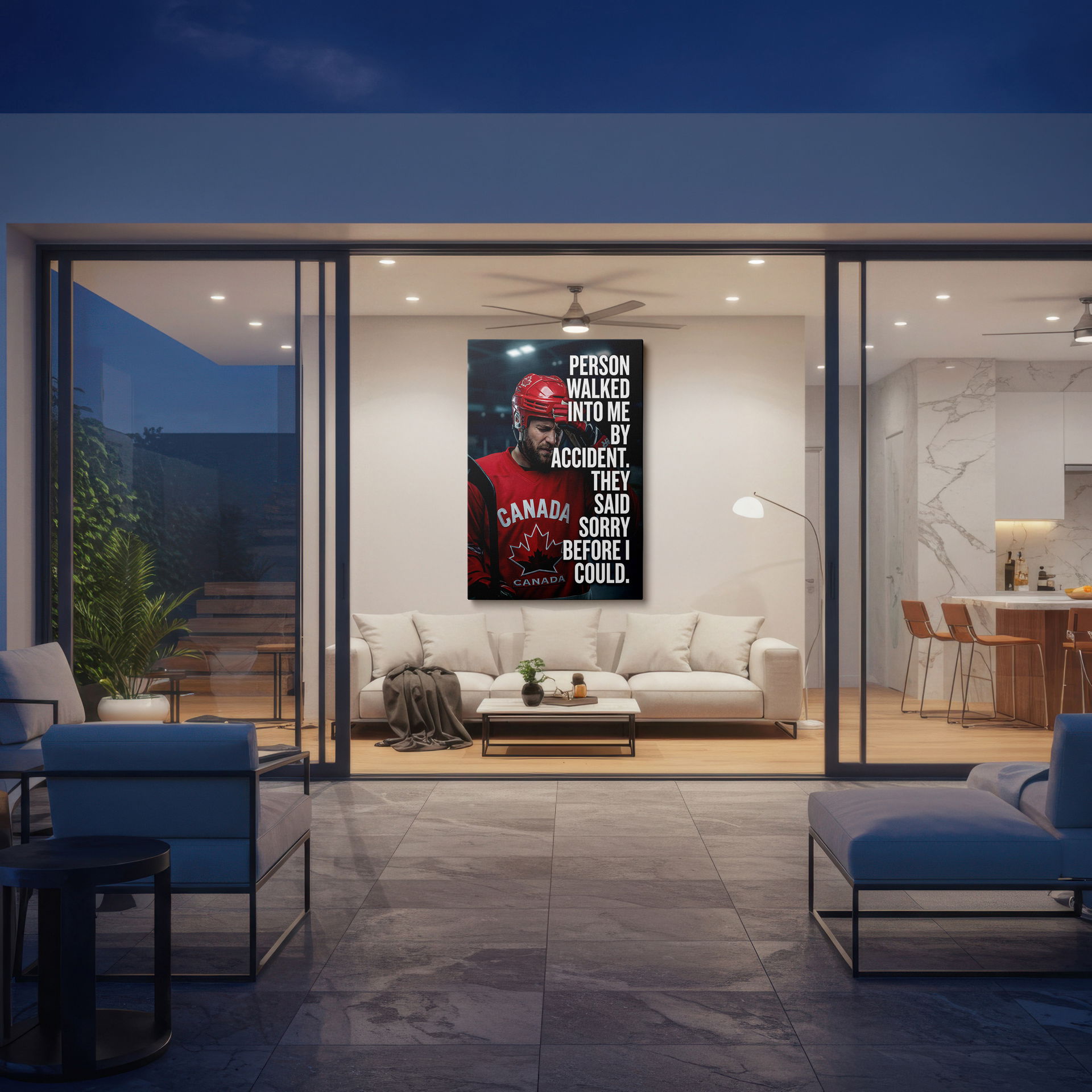 Full view of the funny Canadian hockey player canvas print, ideal as sports-themed wall decor.