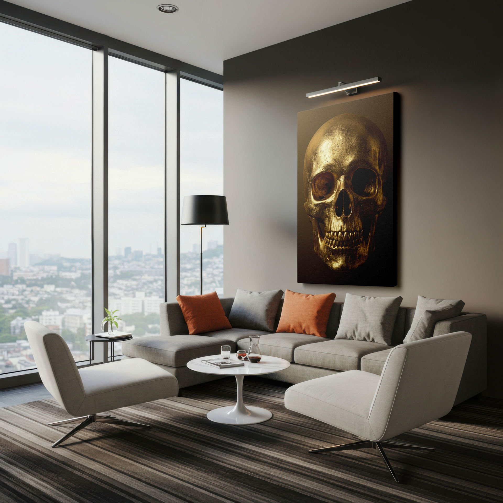 Intriguing macabre-themed gold skull design canvas wall art to enhance a living room or office space wall decor