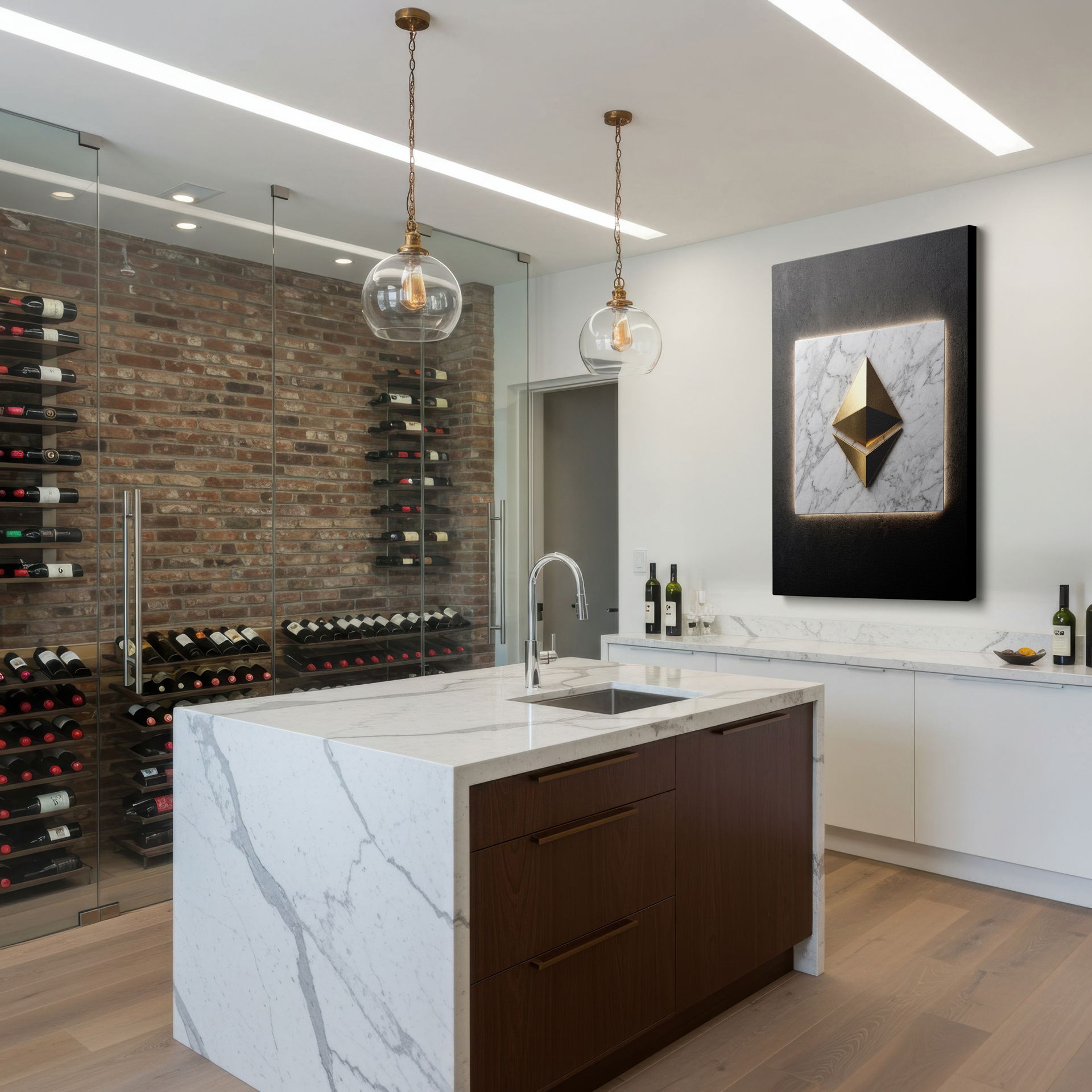 Abstract wall art piece showing a subtle glow behind the marble background, lending depth and allure to the Wrapped Canvas display.