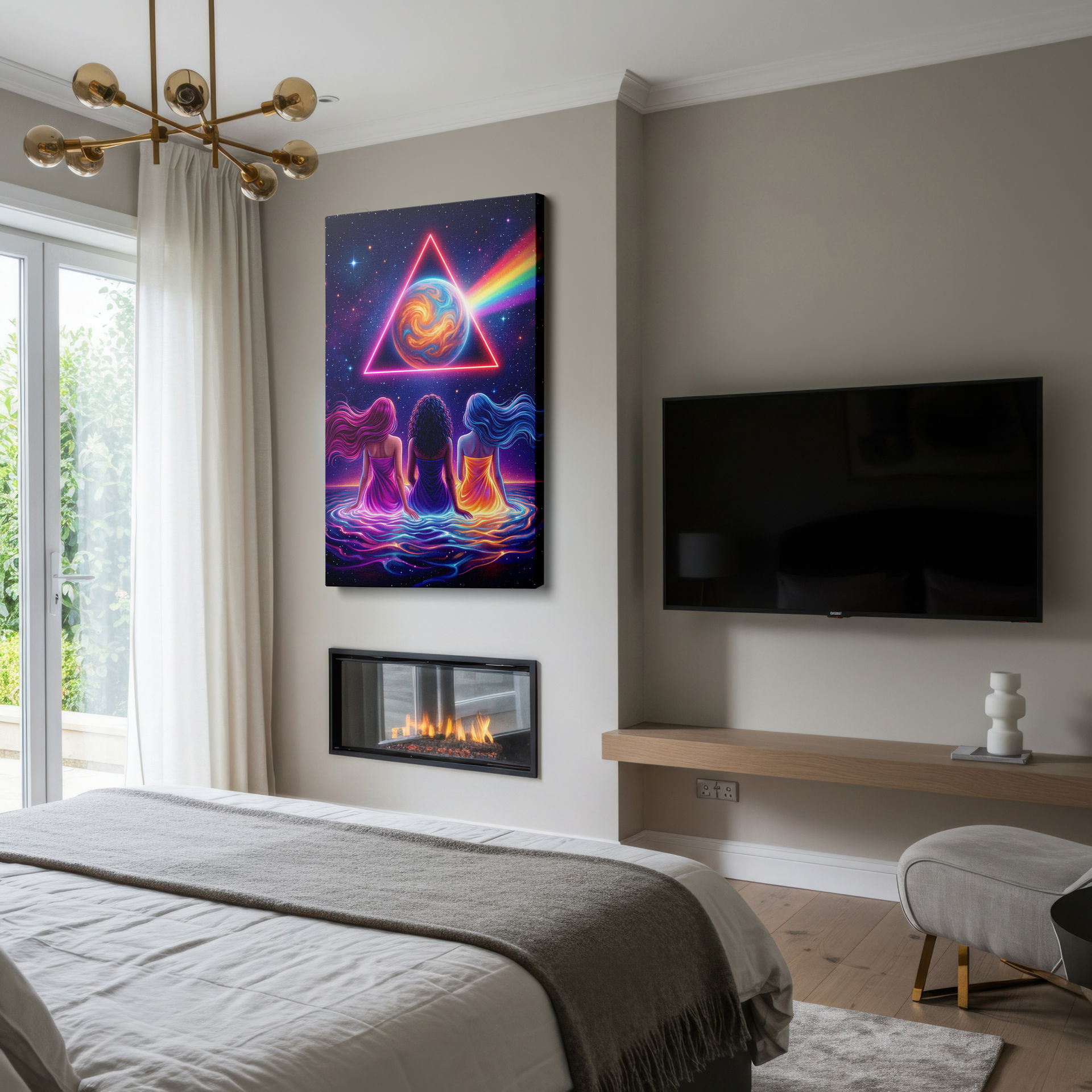 Celestial-themed wall art piece with a neon-framed planet and a rainbow beam, perfect for unique home wall decor