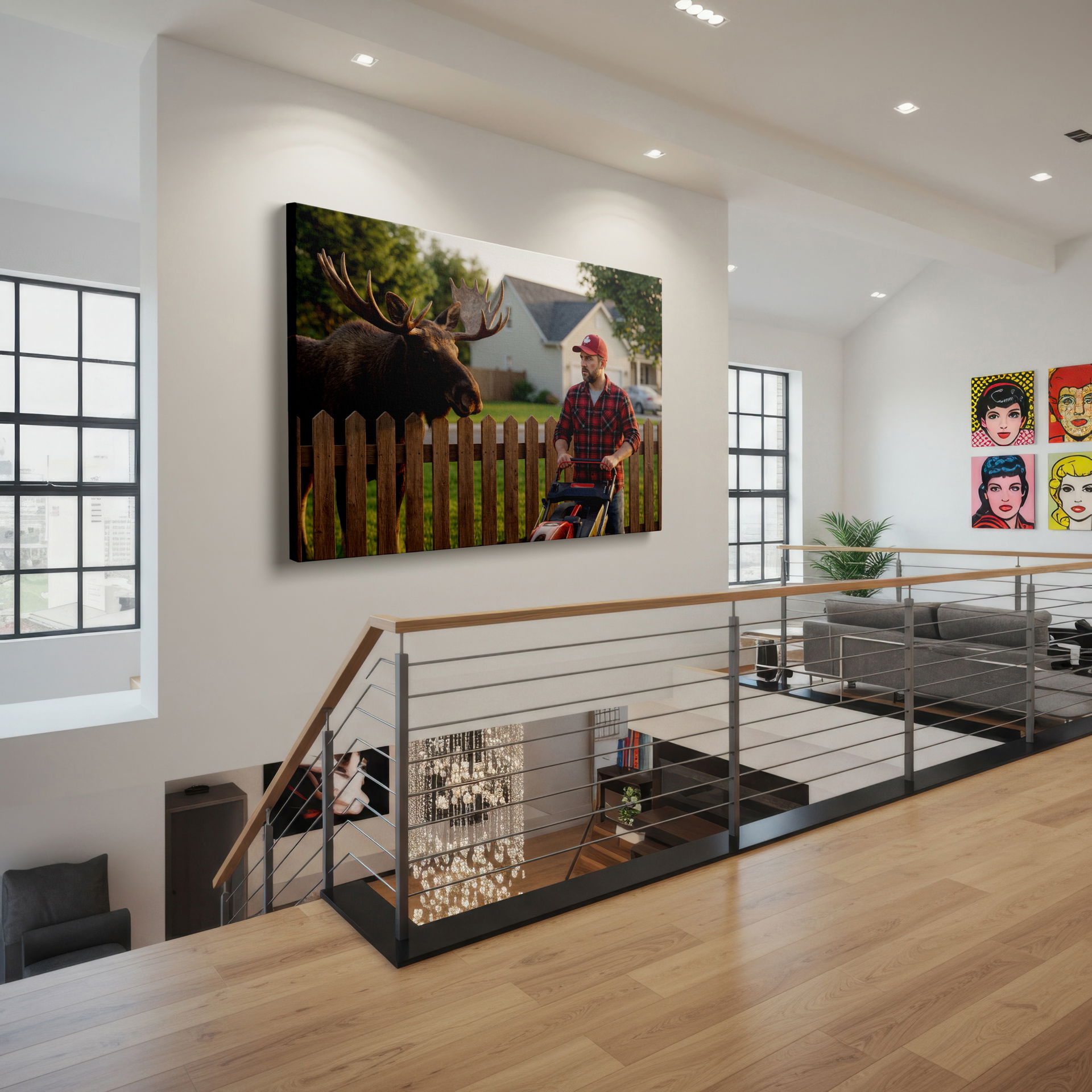 Detailed view of the moose peering over the wooden fence in this unexpected wildlife scene canvas wall art, Wrapped Canvas.