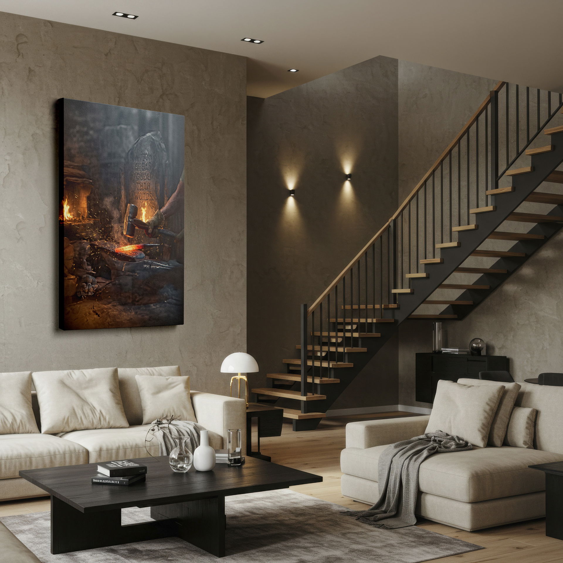 Detailed capture of a blacksmith shaping red-hot metal with a hammer, fiery sparks enhancing the artistic wall decor.