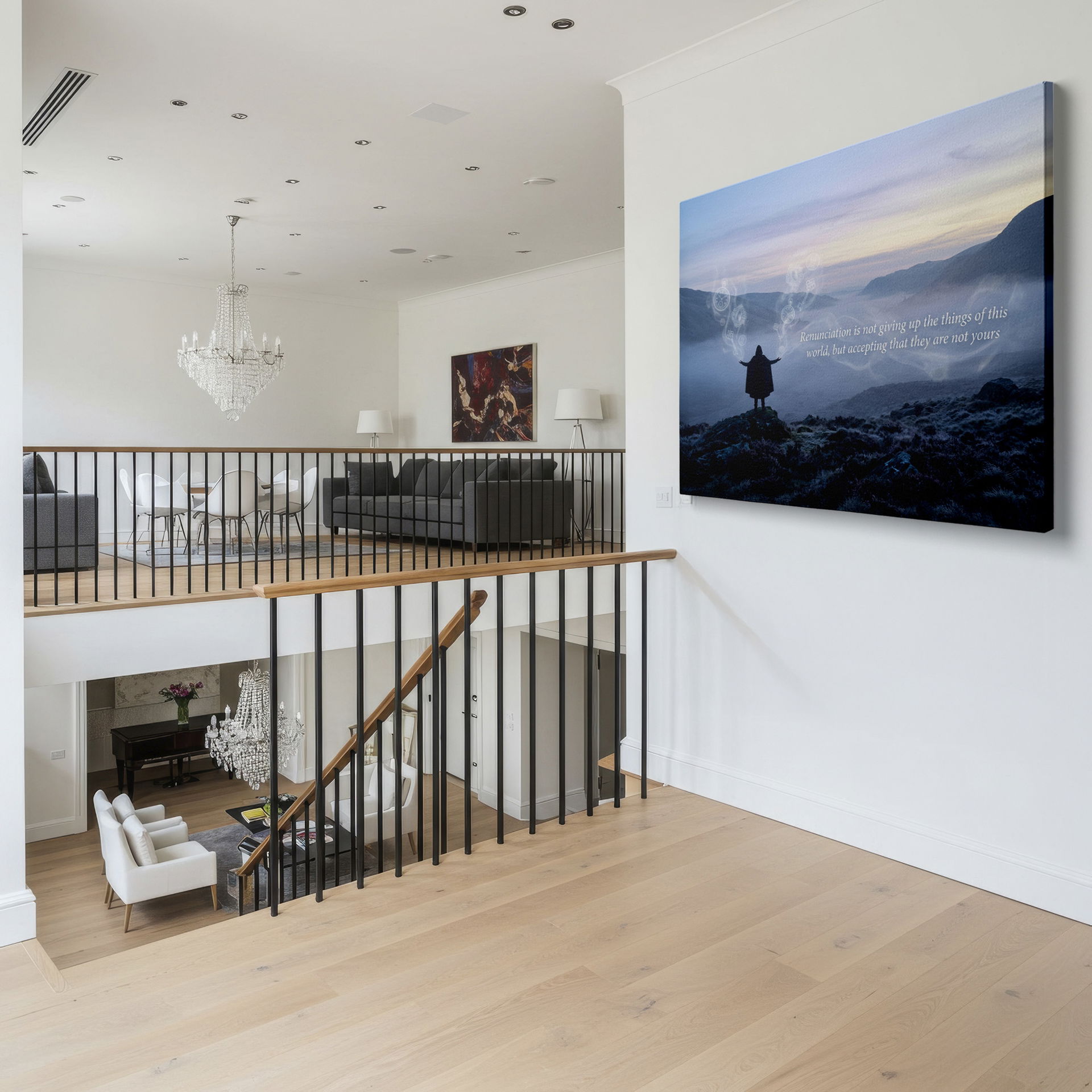 Misty mountain landscape with a solitary figure and spectral clockwork and key images. A perfect accent for your wall decor.