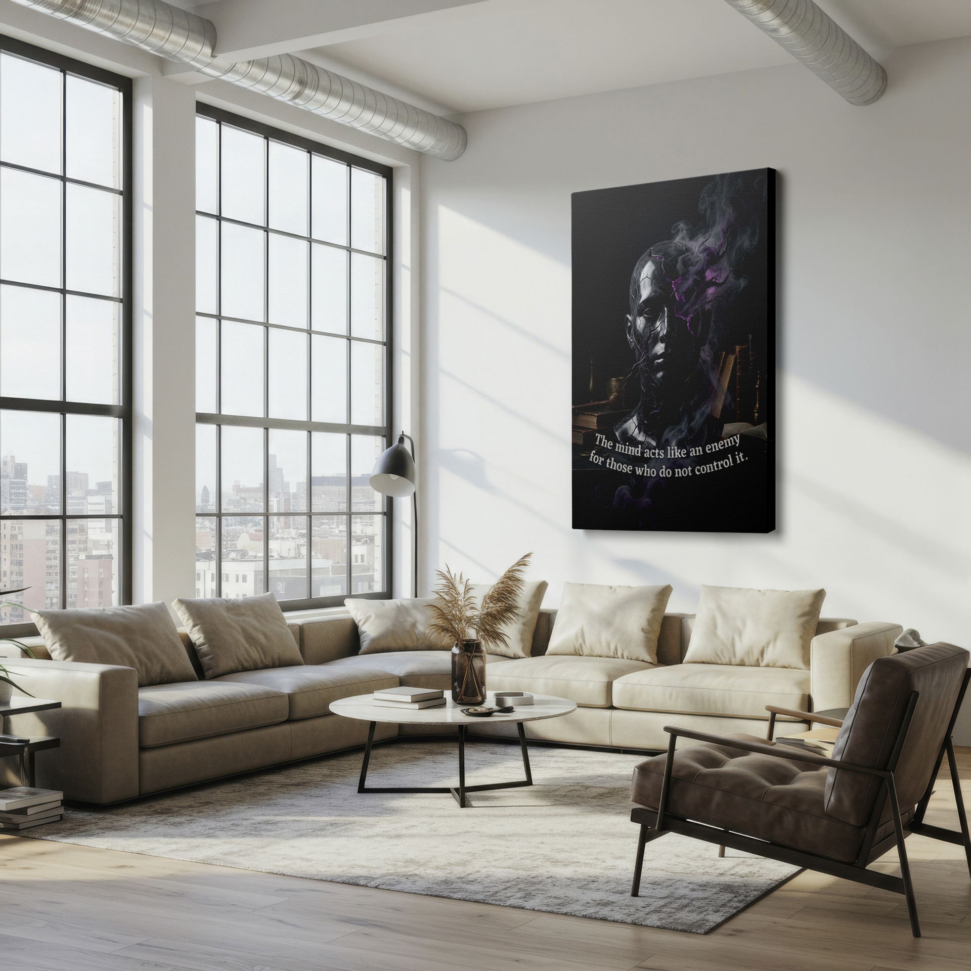 Thought-provoking wall art showing a bust obscured by smoke; this striking canvas wall decor inspires contemplation.