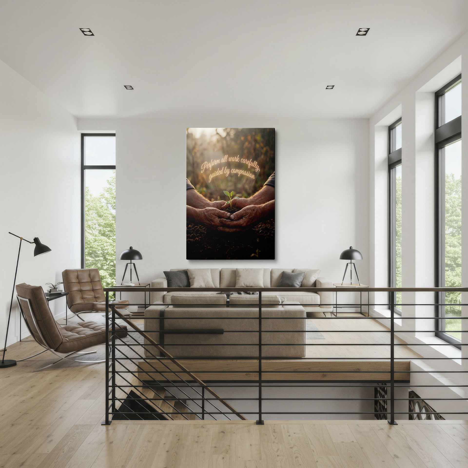 Close-up of weathered hands gently planting a seedling, embodying compassion, unique wall art for home decor.