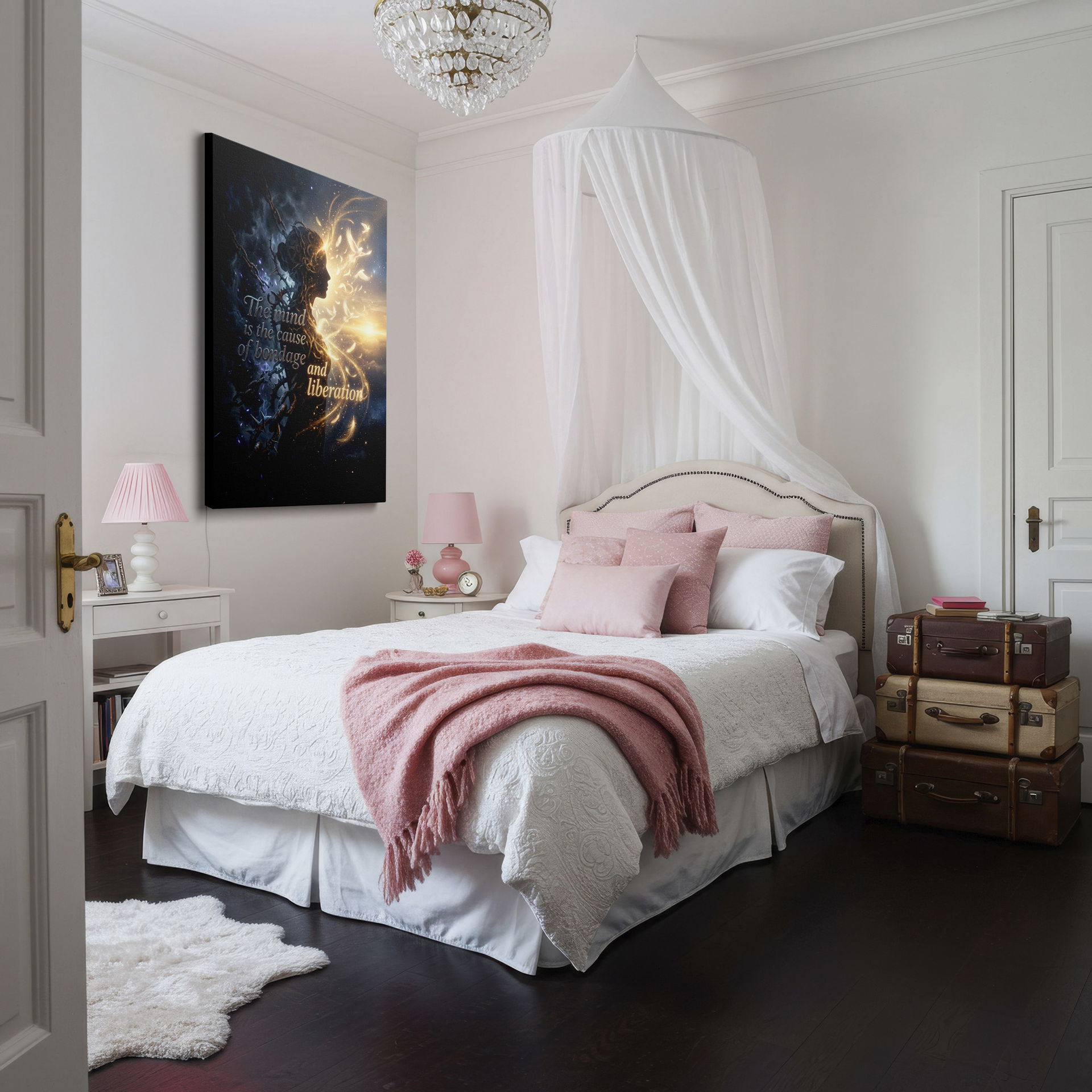 Artistic wall art shows a silhouette with chains & light, 'The mind is the cause of bondage and liberation' featured wall decor.