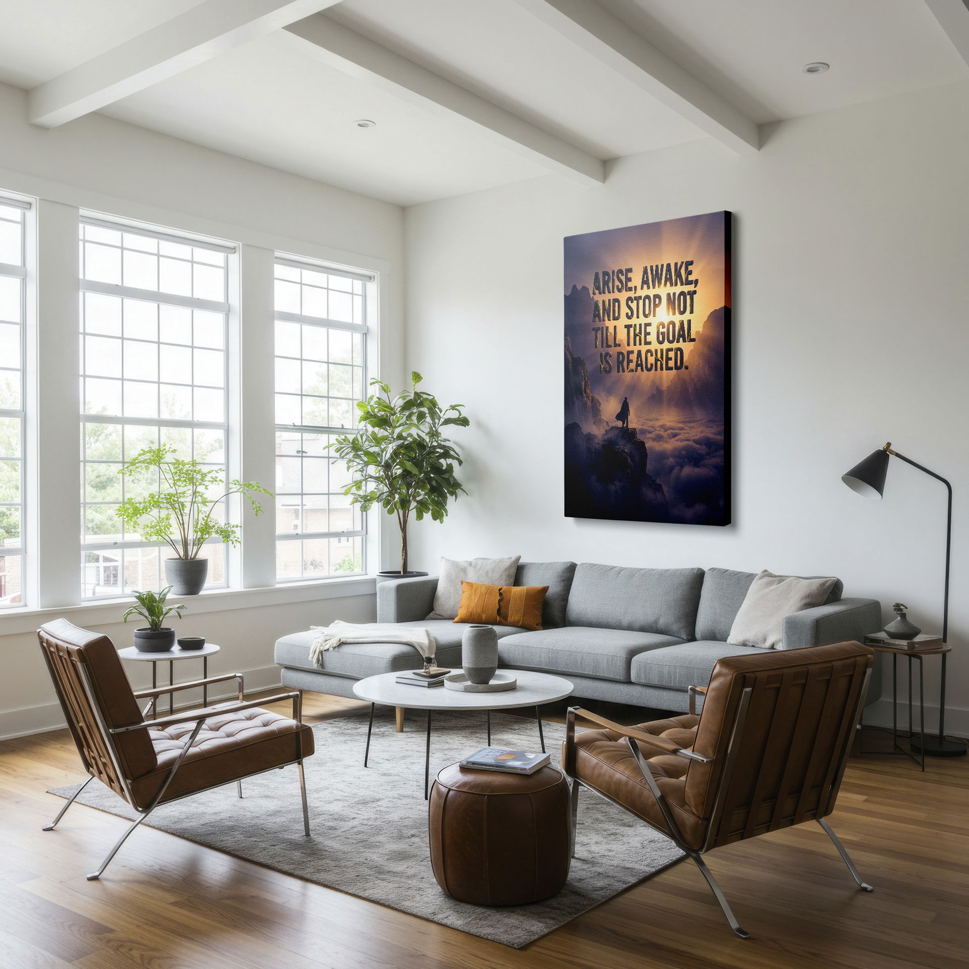 Enhance your space with this wall art, depicting a figure, mountains, and the motivating 'Arise, Awake' quote; wall decor.
