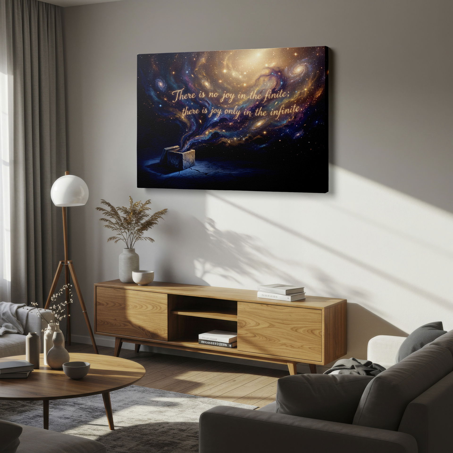 'Infinite Joy' quote set against a swirling galaxy backdrop, a perfect addition to your wall decor.