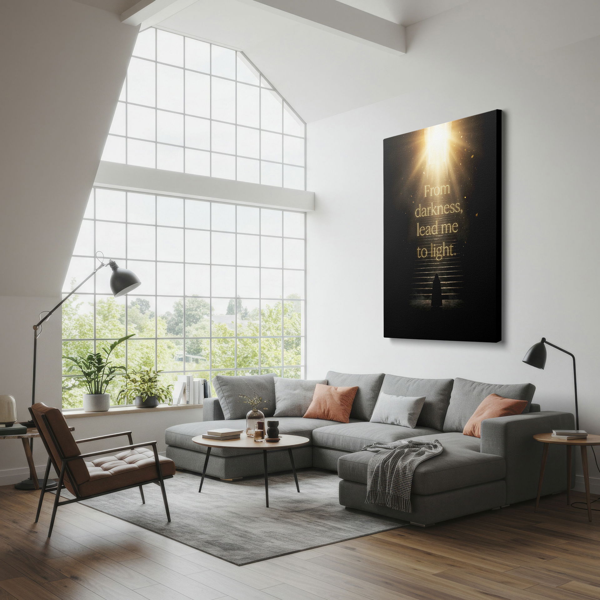 Radiant light at top of stairs. Figure near bottom. Wrap Canvas.