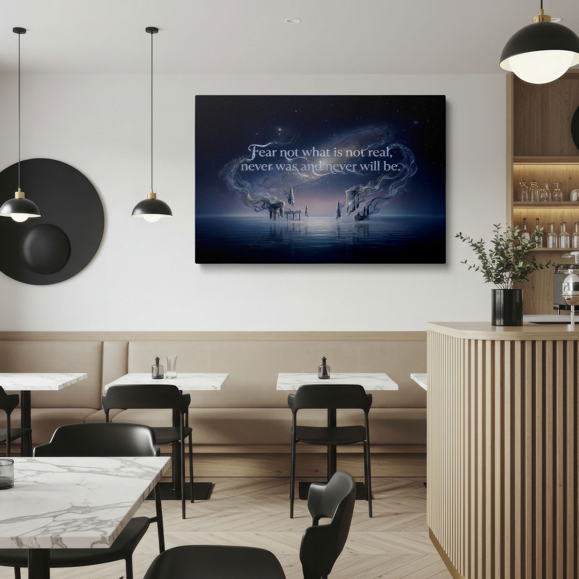 Ethereal landscape wall art with fantasy architecture and a motivational quote against a starry sky. Perfect wall decor.