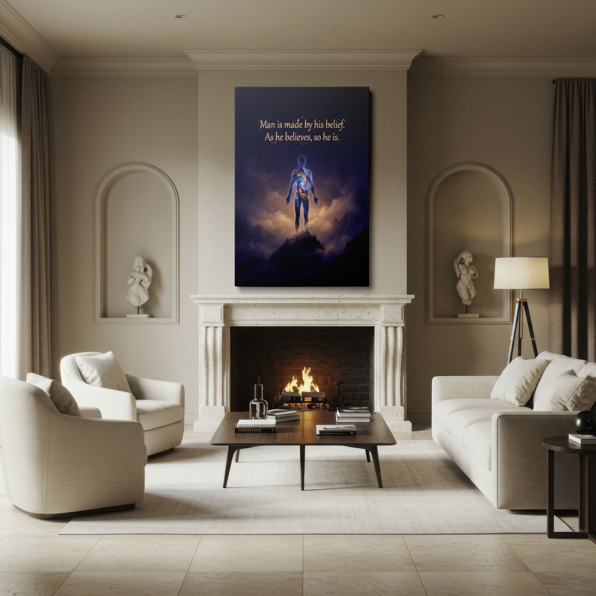 Wall decor with a cosmic theme: figure on a mountain, accompanied by the quote 'Man is made by his belief.'