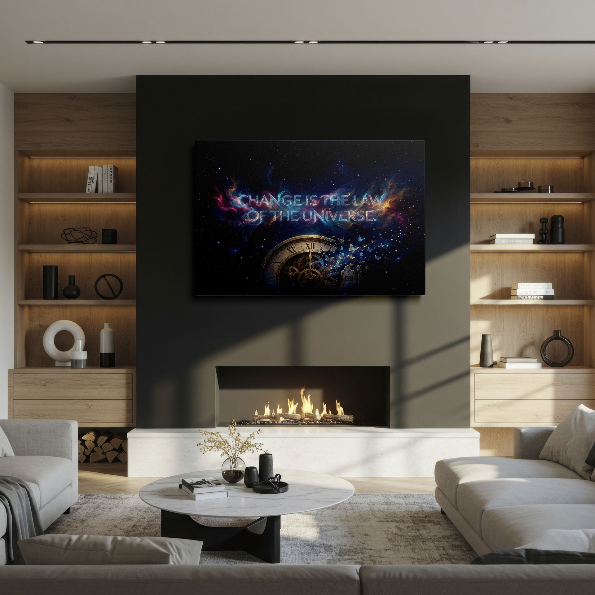 An inspiring piece features a broken clock, butterflies, and the phrase 'Change is the Law' as Wrapped Canvas.