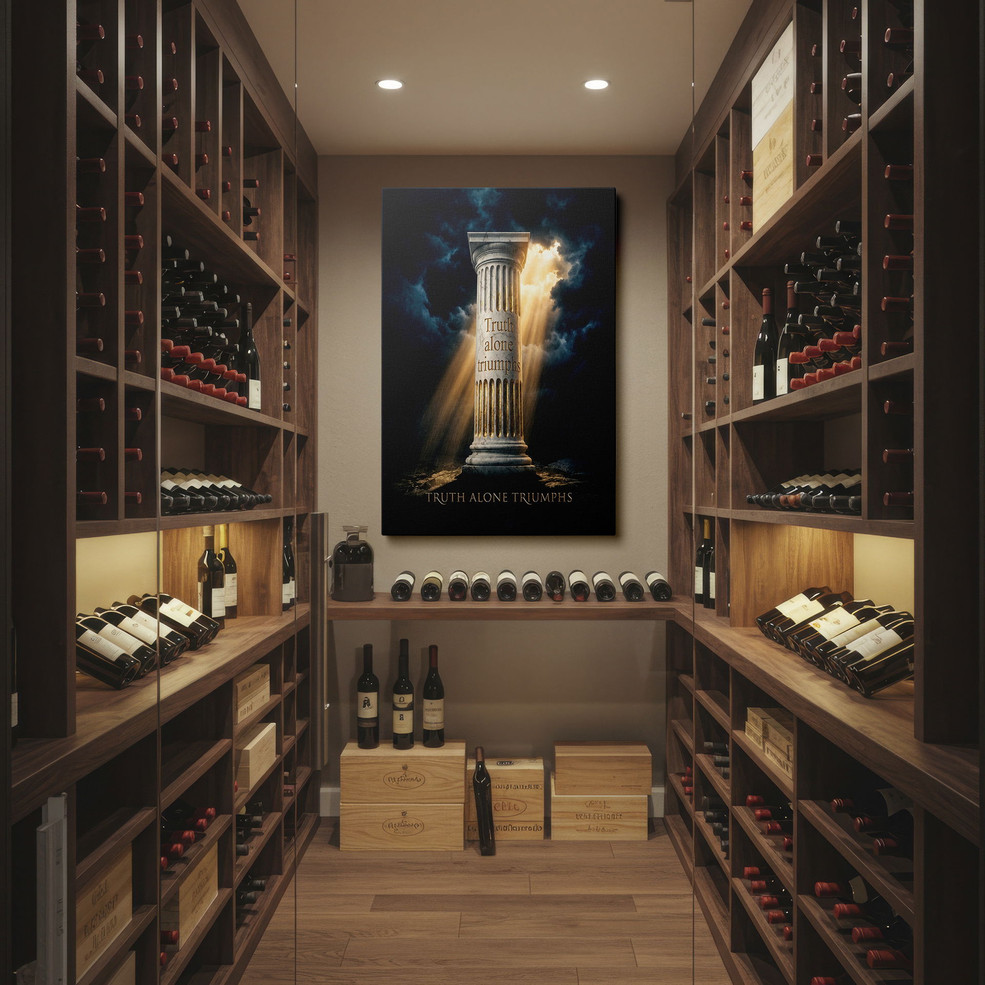 Classical wall decor: The illuminated pillar signifies hope against a dramatic, stormy backdrop.