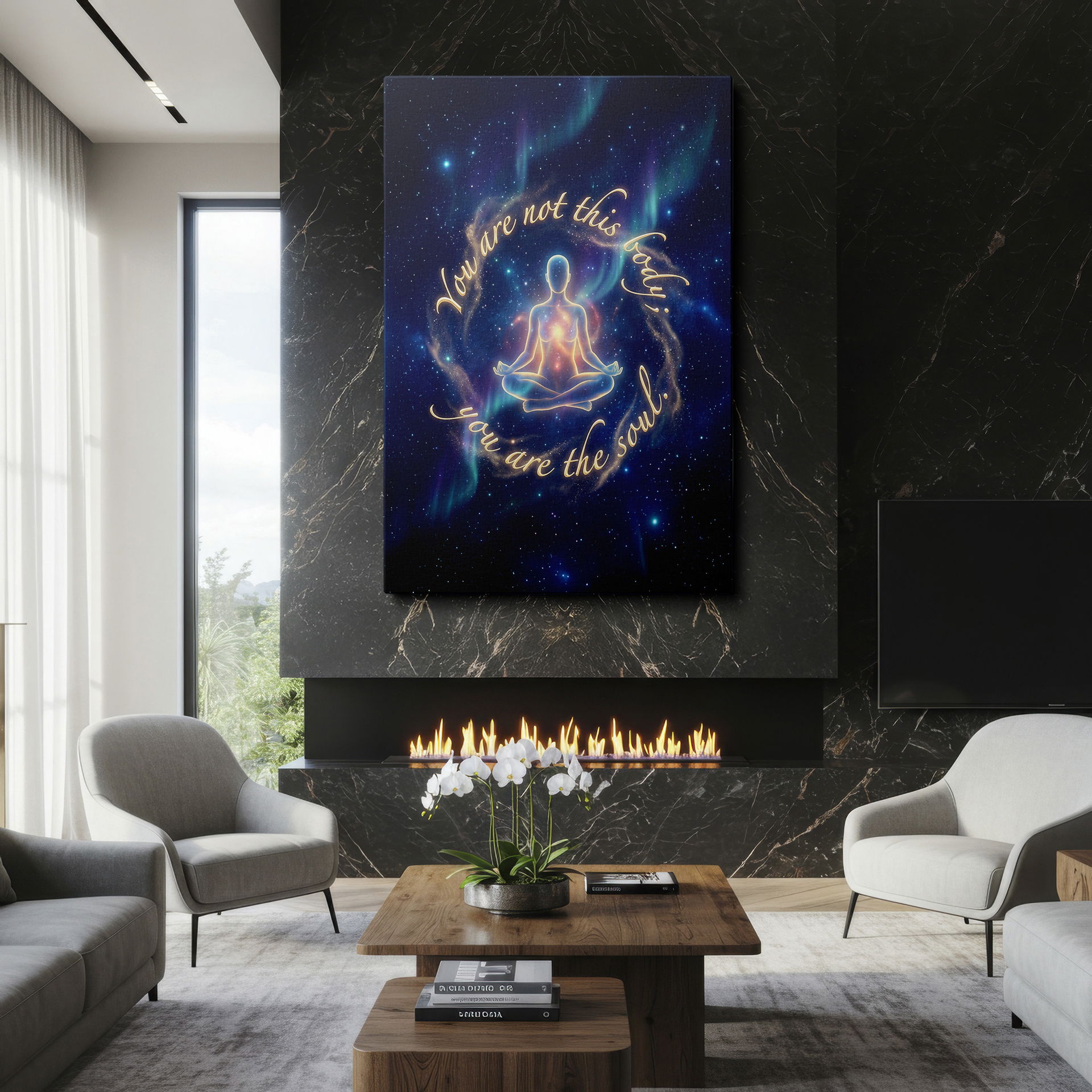 Spiritual art of glowing figure and quote, perfect home wall art decor.