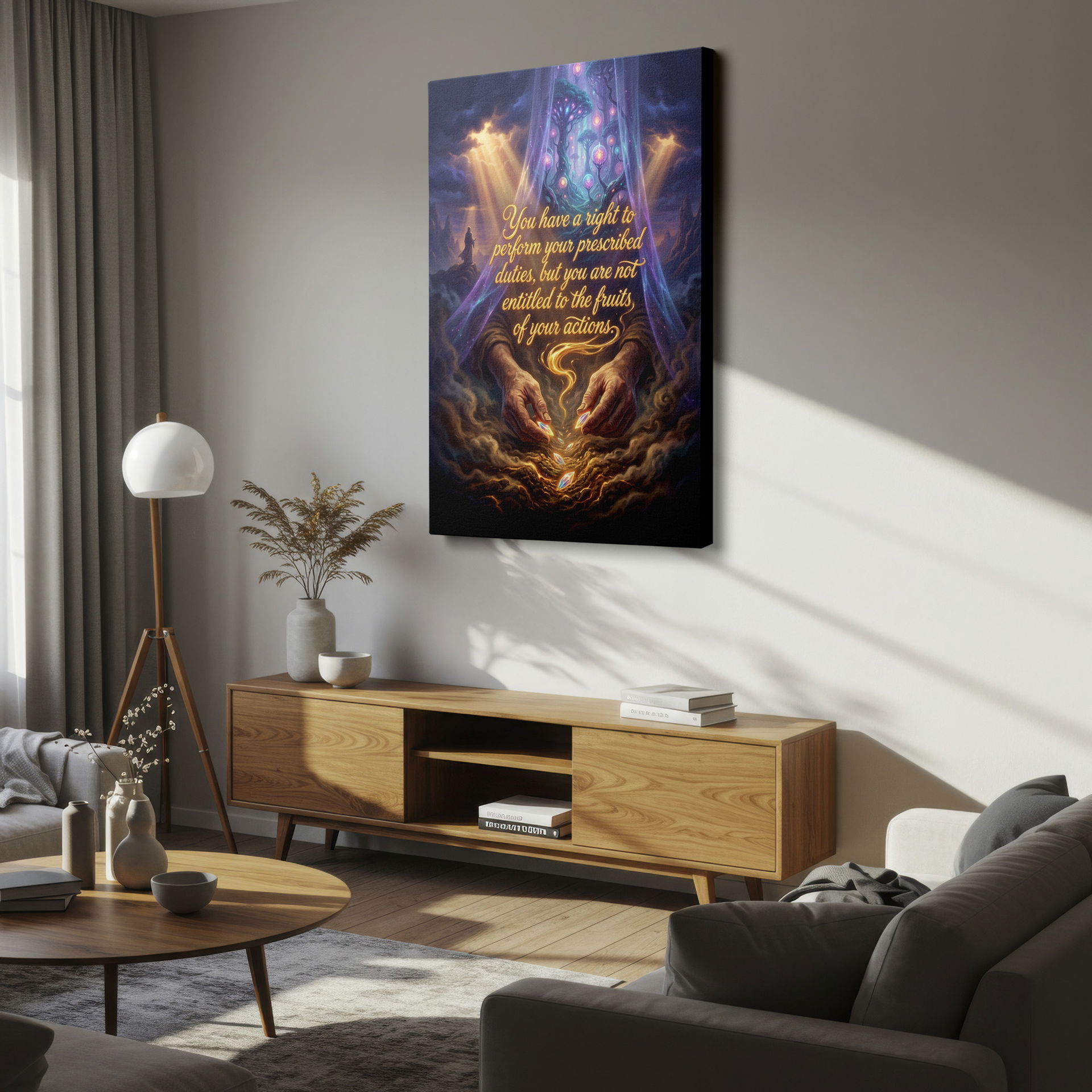 Ethereal wall decor with hands scattering gems under a sky filled with light, featuring a life quote.