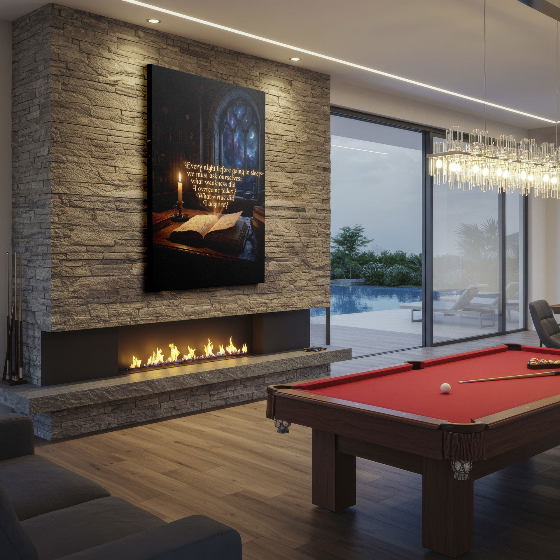 Detailed illustration featuring an open book and candlelight, with a starry night outside. Enhances literary wall art collection and wall decor.