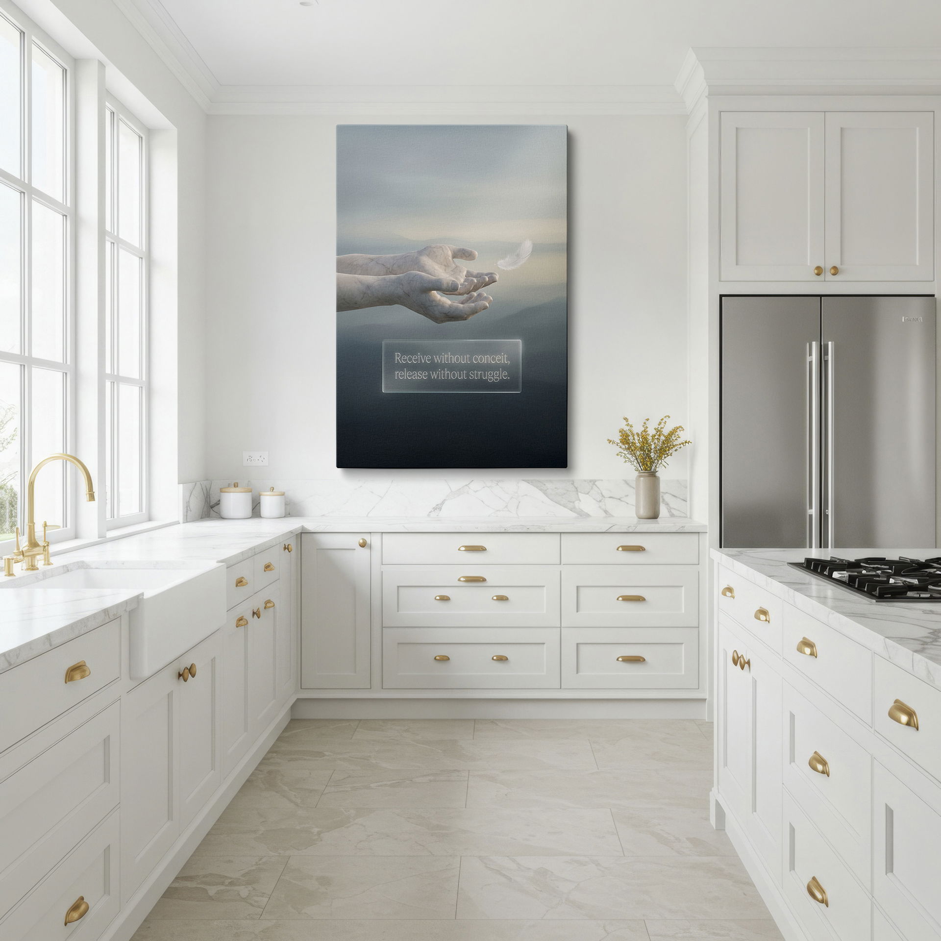 A single white feather is released from marble hands, inscribed with 'Receive without conceit, release without struggle' - a calming wall decor.