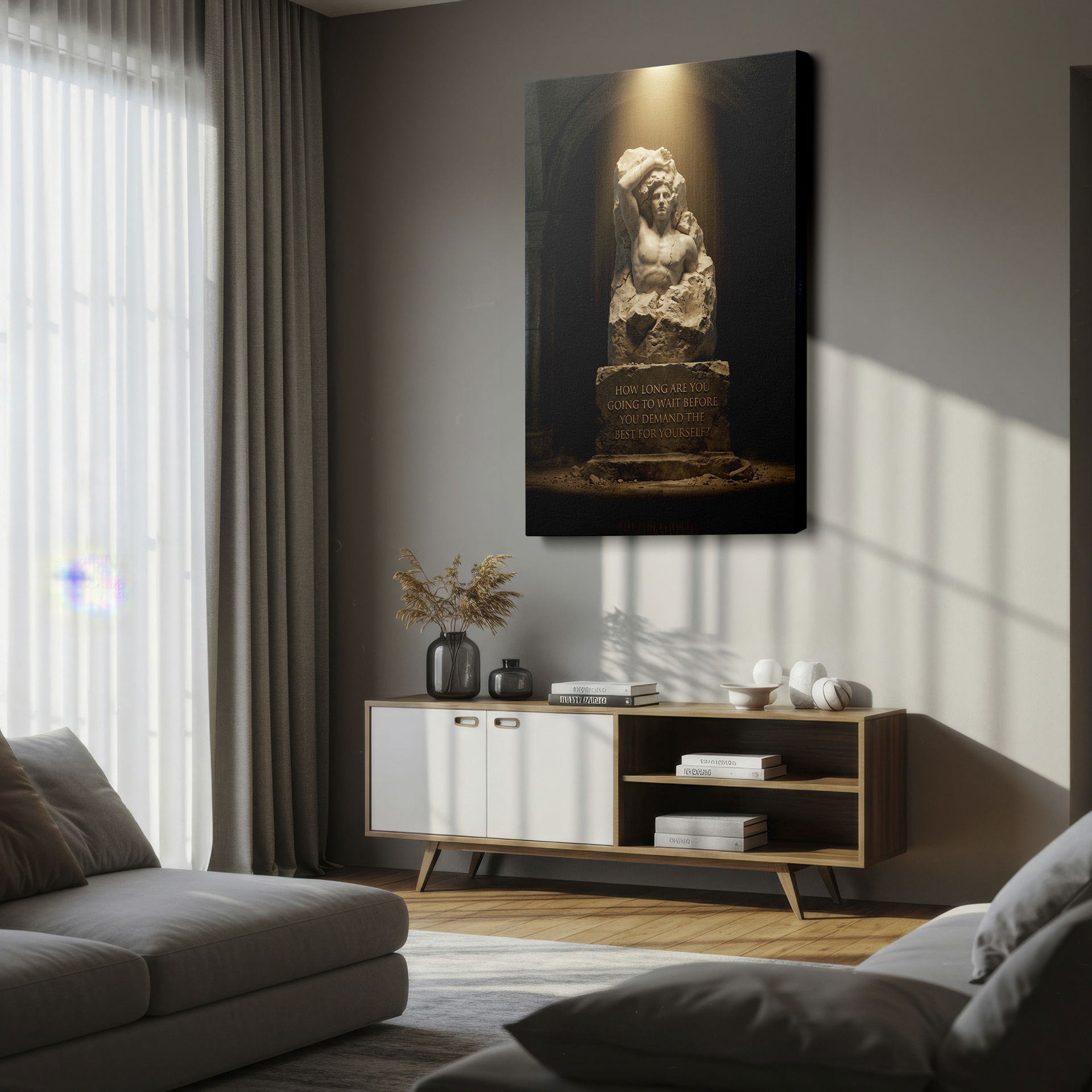 Thought-provoking wall art with a stone figure and motivational quote, enhancing your home decor.