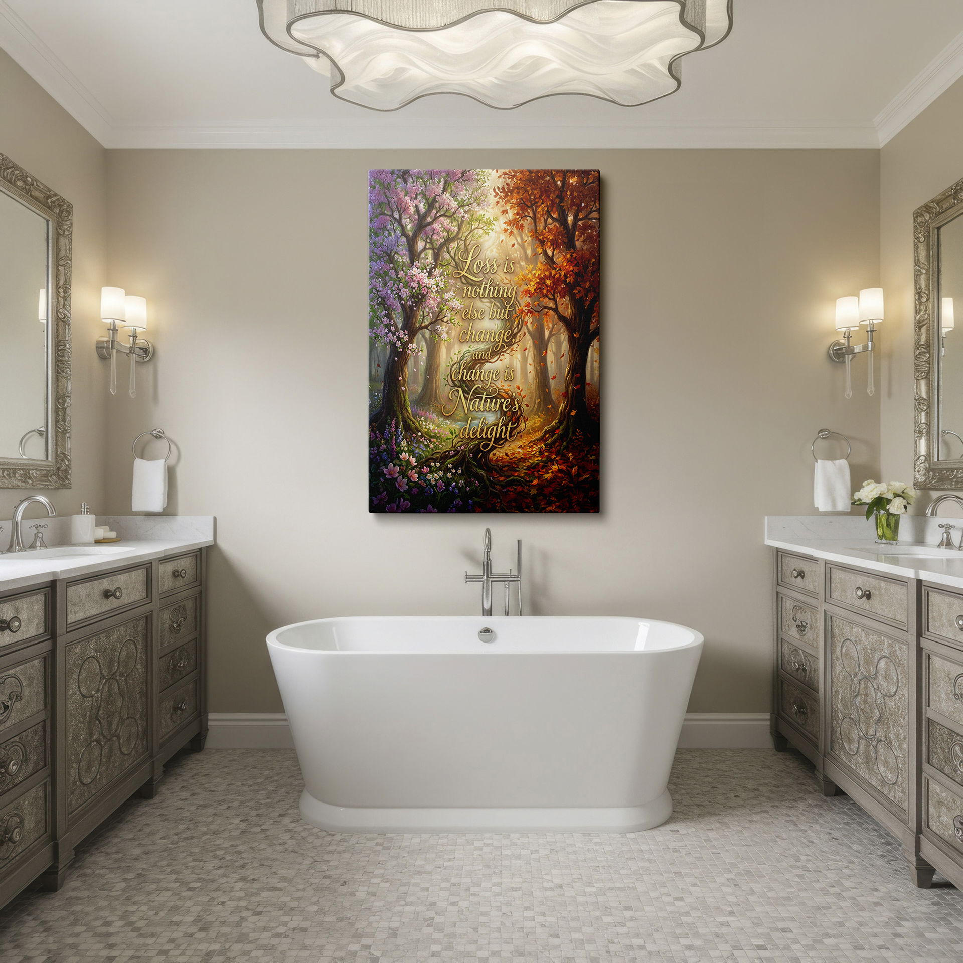 Wall art of a forest with trees in spring and autumn colors and a motivational saying.