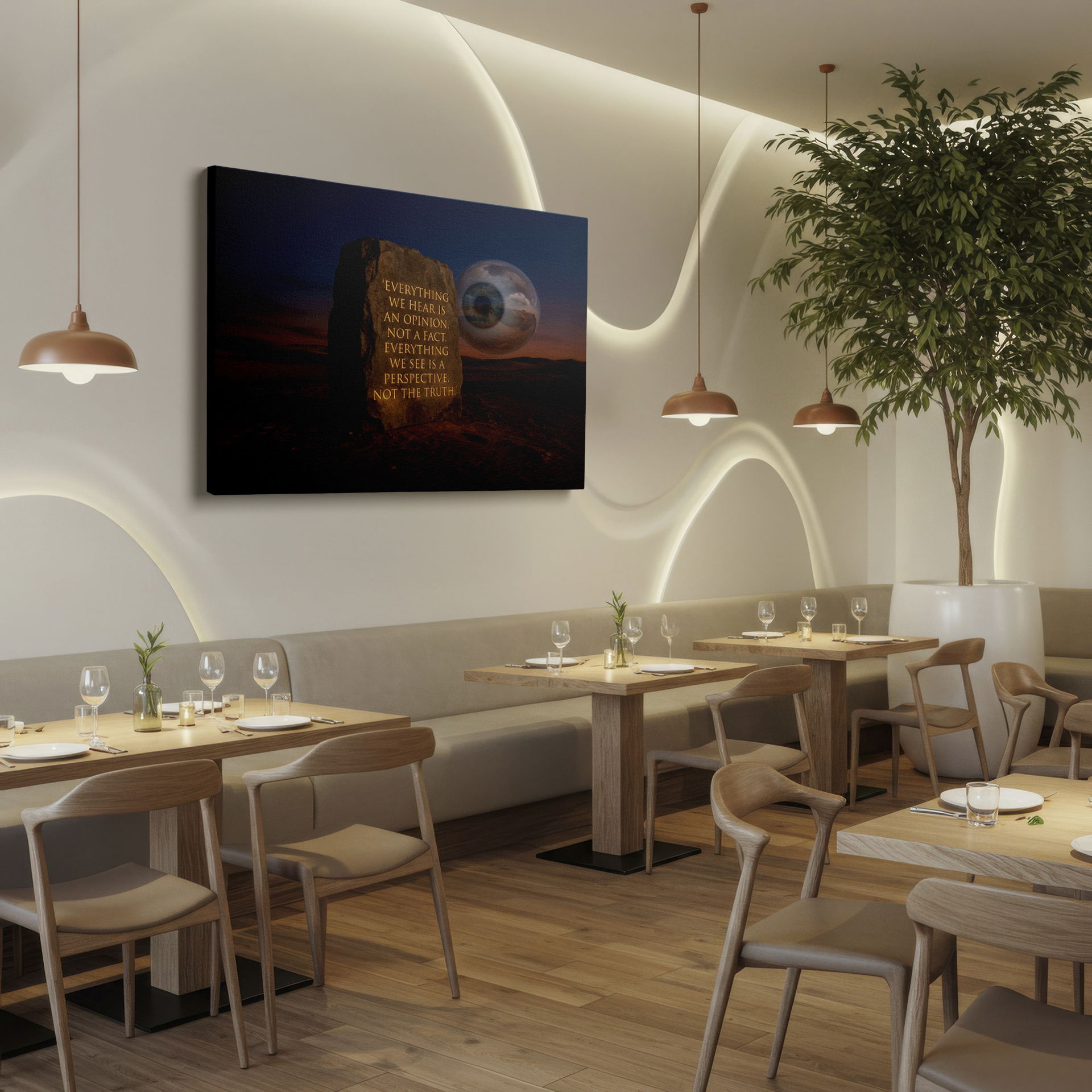 'Everything we hear...' quote on stone with floating eye, desert backdrop: thought-provoking wall art.