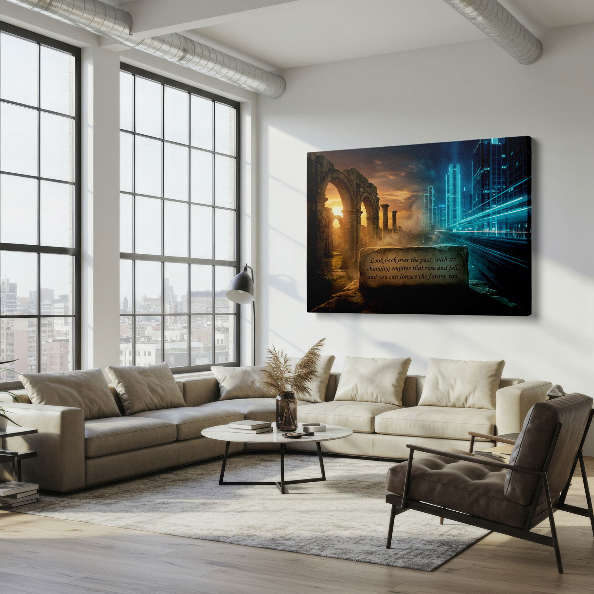 Inspirational wall decor with a contemporary city beside ancient ruins, completed with a profound quote relating to time and progress.