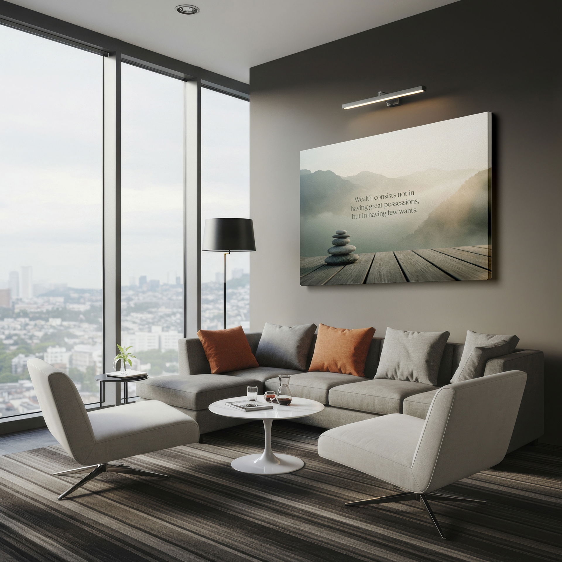 This Wrapped Canvas displays a balanced zen stone arrangement. Features an inspirational quote and a serene mountain landscape.