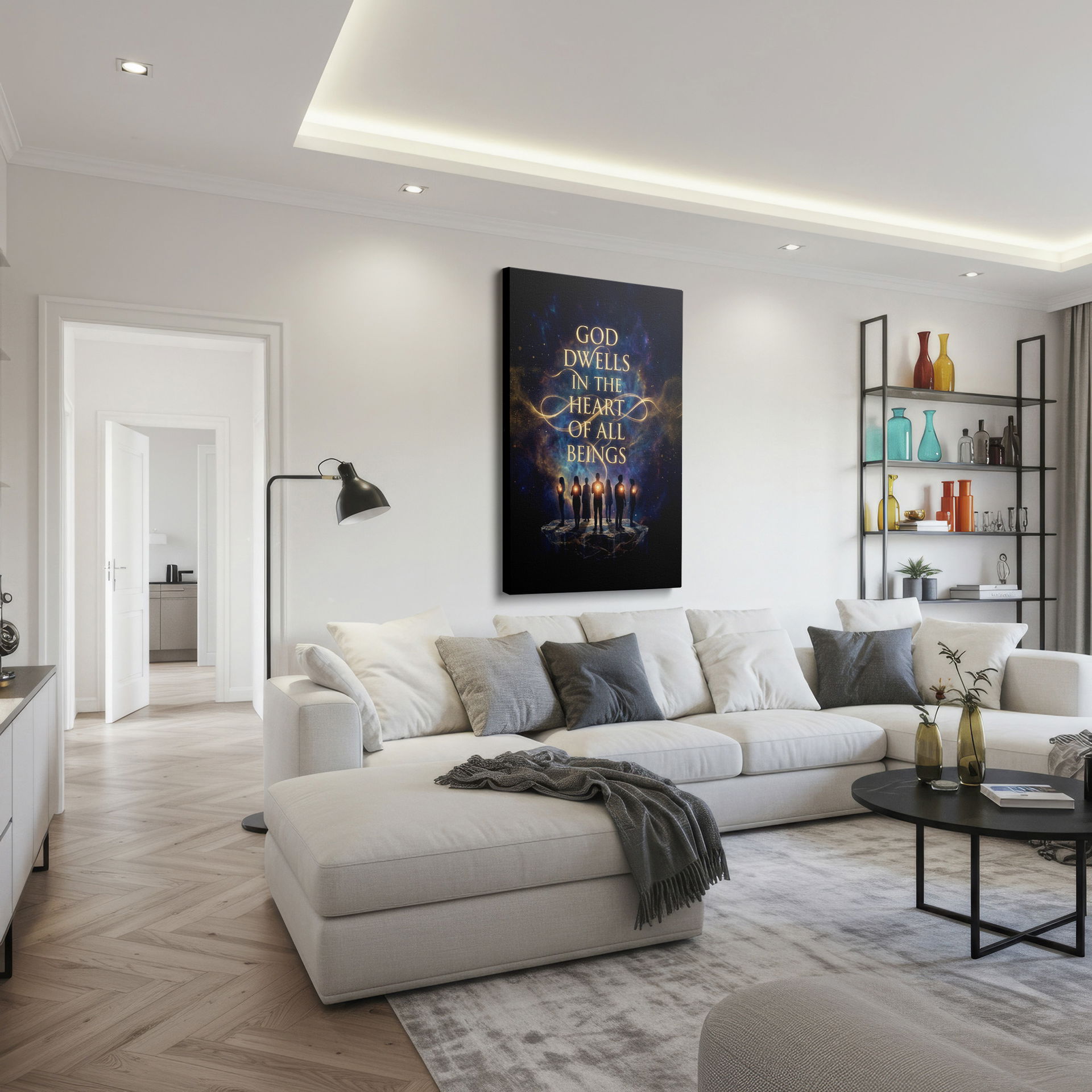 Spiritual wall decor featuring figures illuminated against a cosmic scene with the words 'God Dwells in the Heart'.