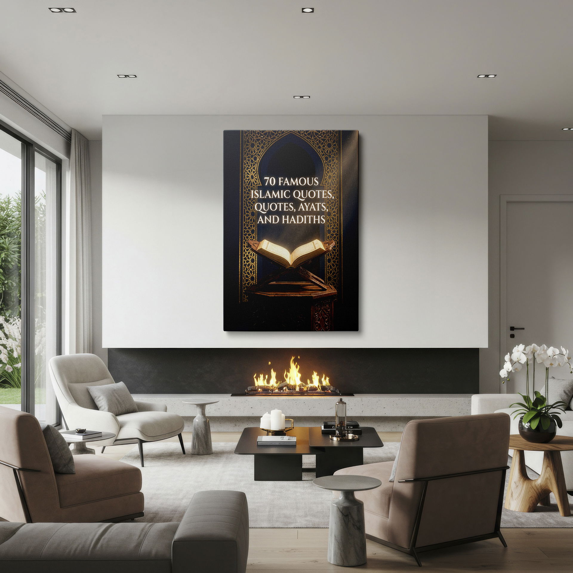 Illuminated Islamic text adds spiritual depth, framed as religious wall art.