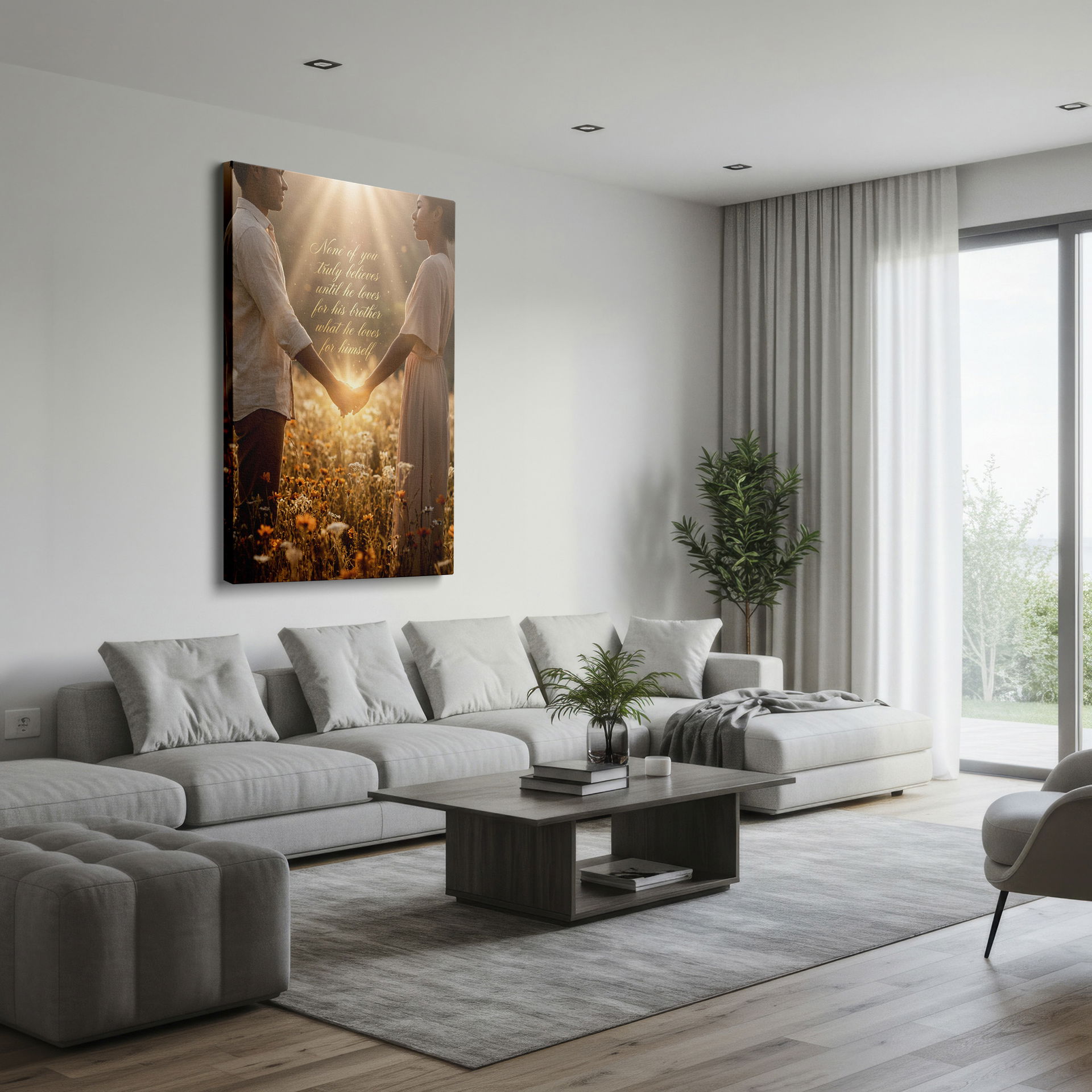 Wall decor of a couple in a field, their hands clasped, reflecting love and companionship.