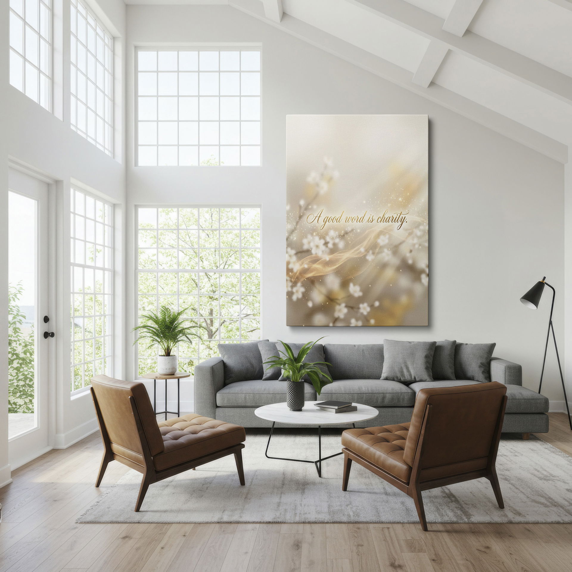 Floral wall art with a golden quote, 'A good word is charity', adds serene beauty and inspiration as home decor.