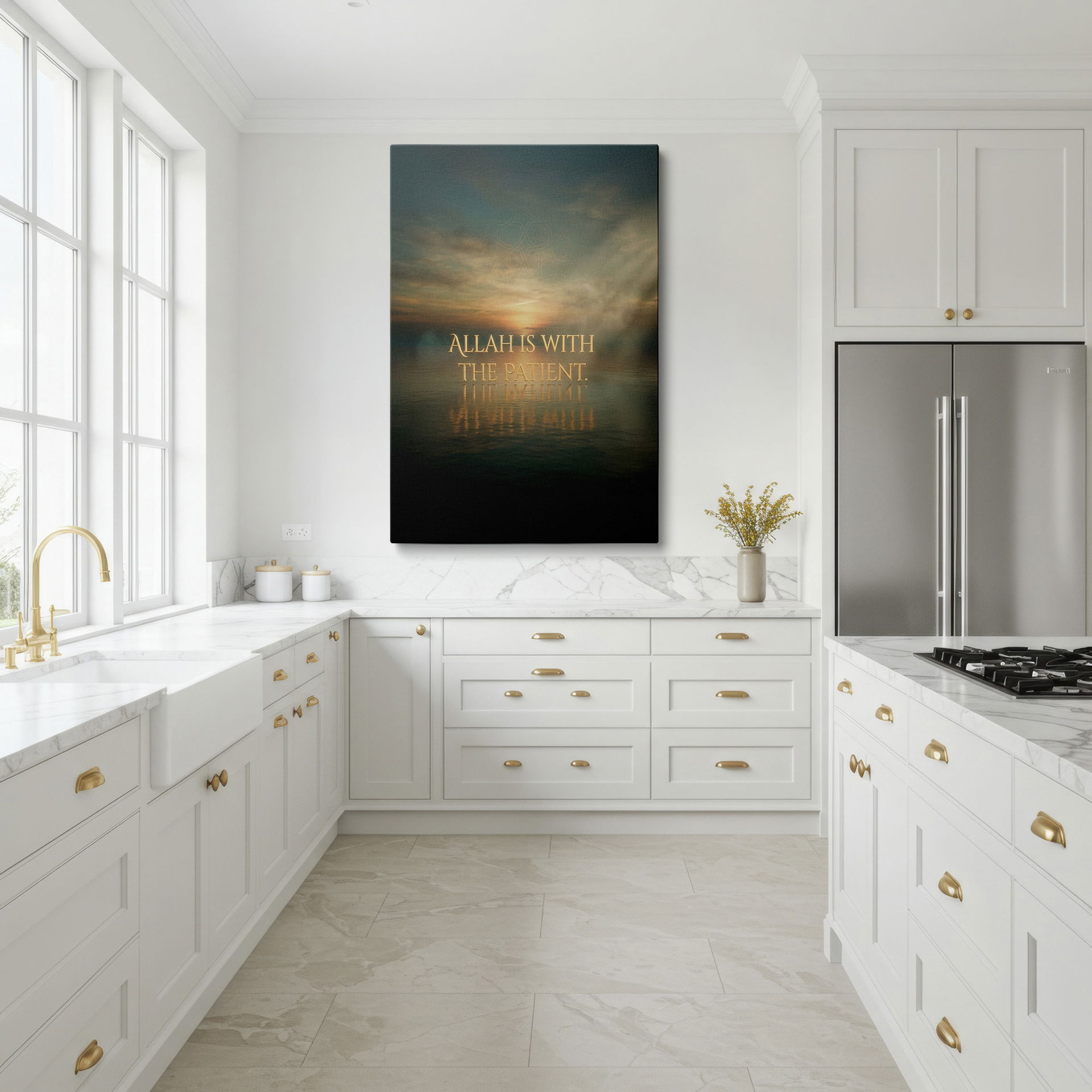 Peaceful wall art with the message 'Allah Is With The Patient' in golden text, set against a calming sky and water landscape, perfect wall decor.