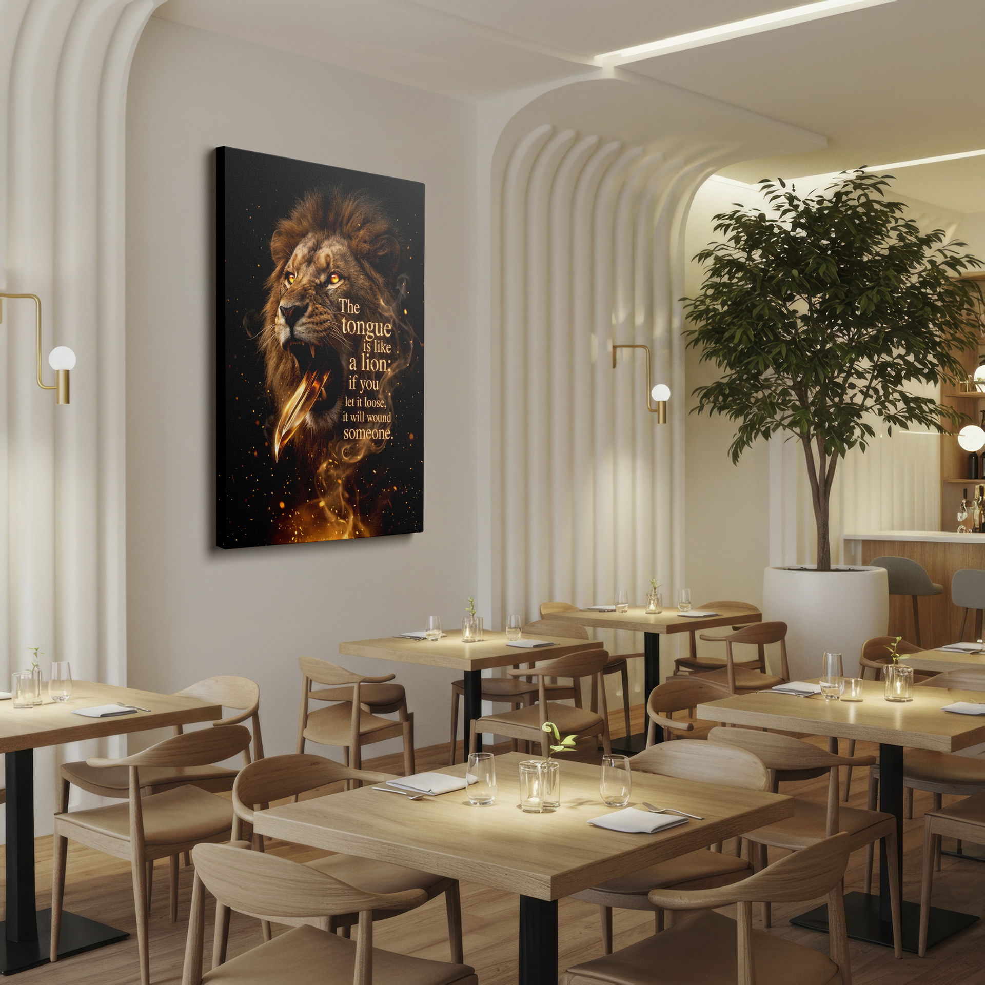 Visceral Wrapped Canvas depicting a lion with a sword-like tongue and a proverb on verbal impact.