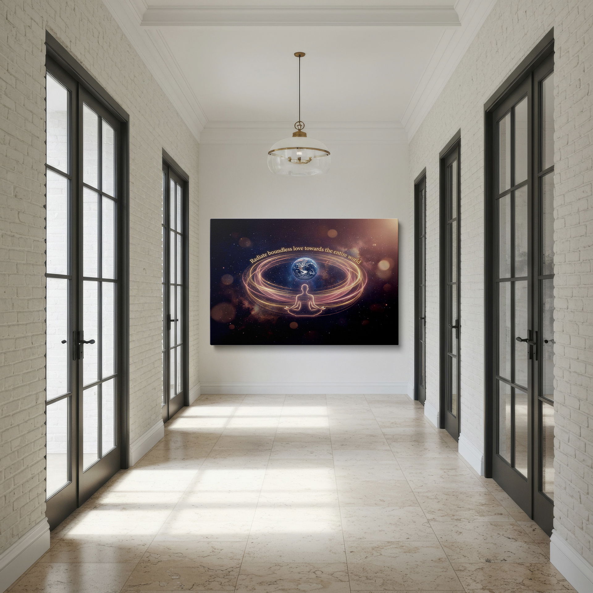 Zen wall decor featuring energy currents swirling around the Earth and a meditating person.