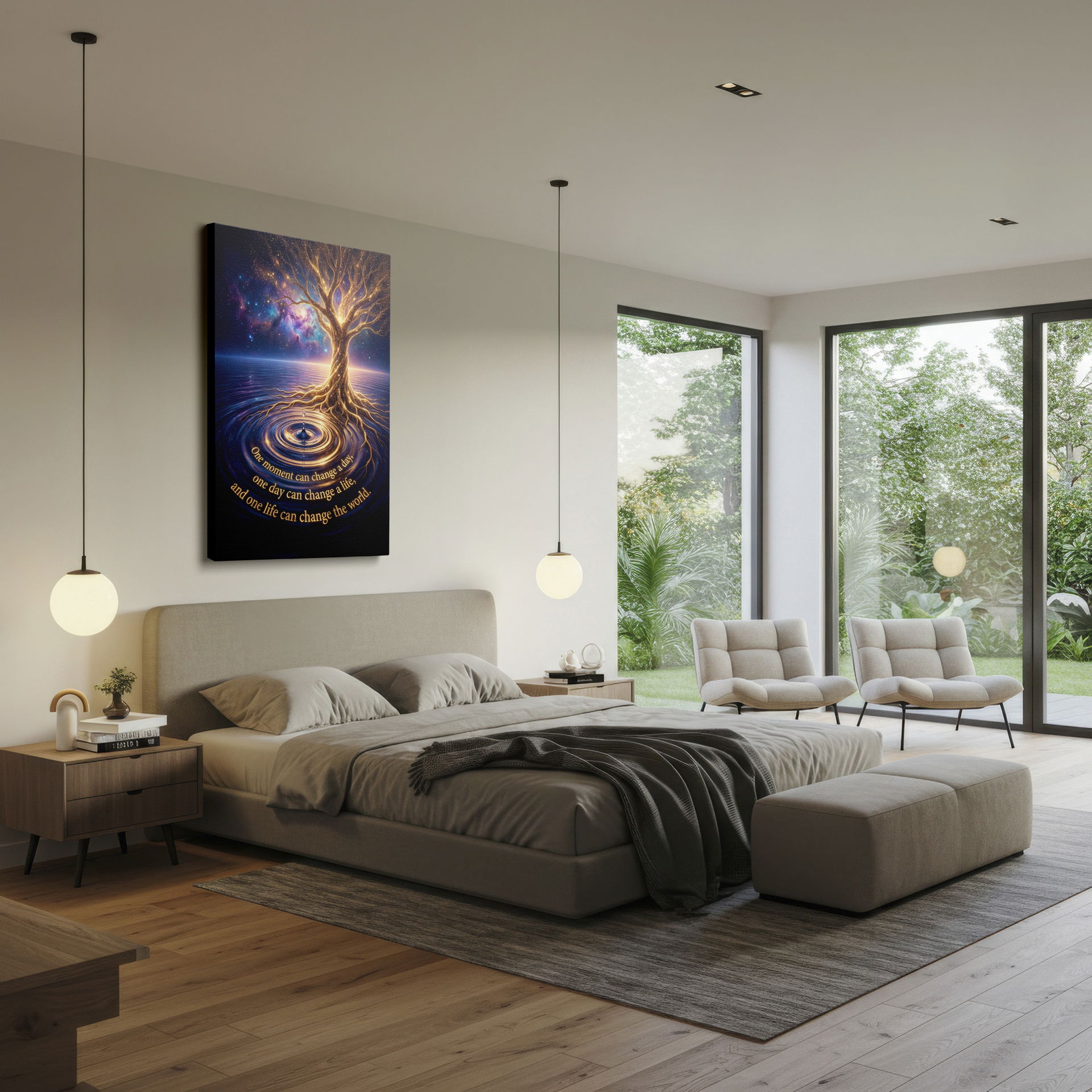 An illuminated tree of life design with ripples on the water. Elevate your wall art collection.