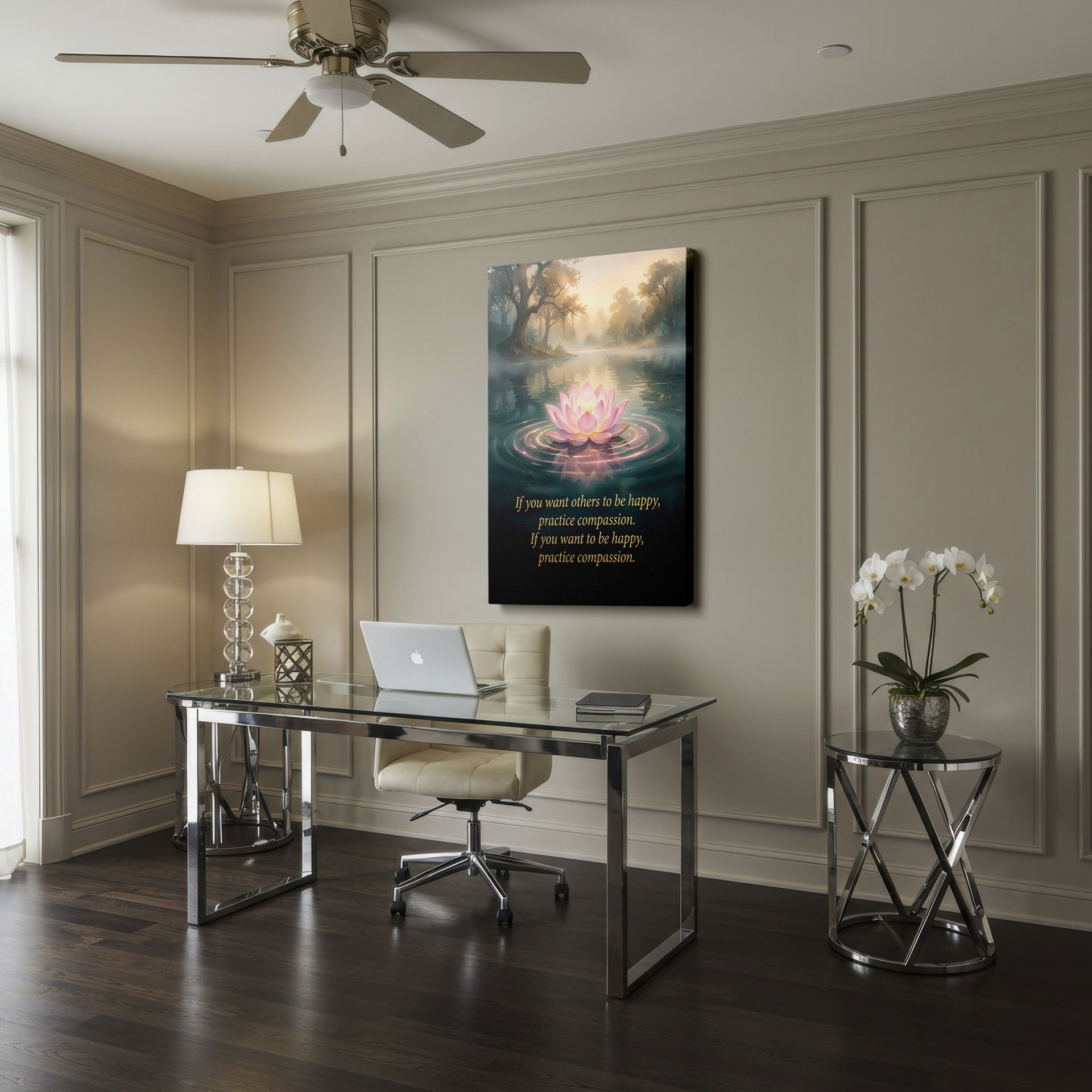 An elegant wrapped canvas showing a luminous lotus on a tranquil reflective surface.