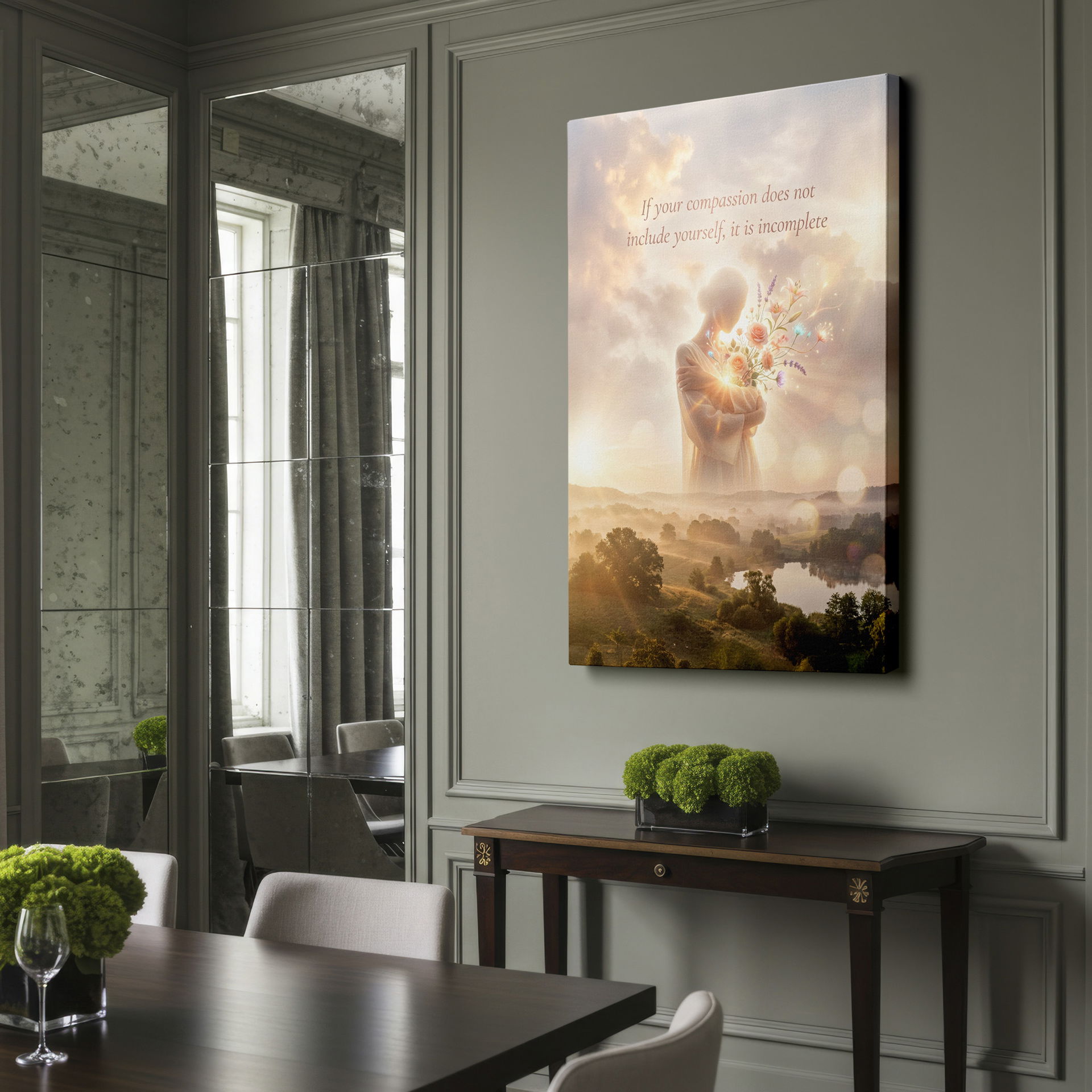 Ethereal wall decor featuring a woman holding flowers in a glowing landscape, enhancing a serene space.