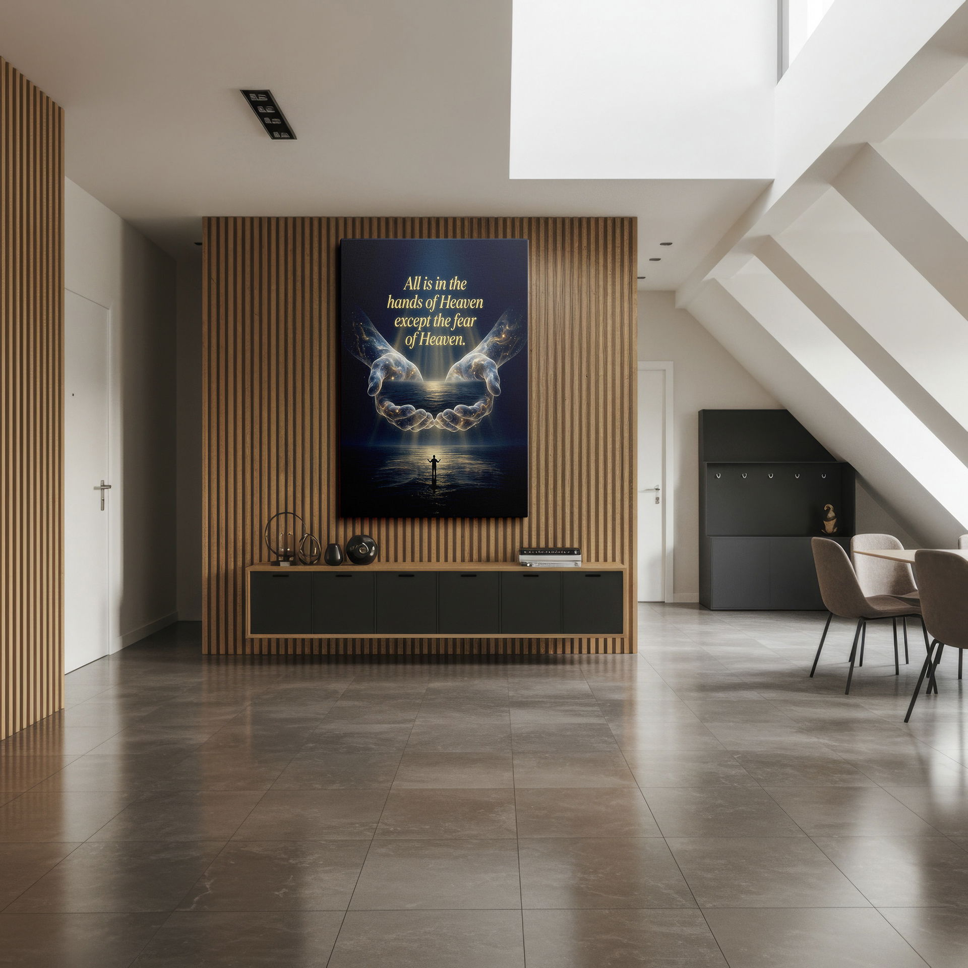 'Hands of Heaven' wall decor displays a lone figure under luminous hands, creating a peaceful and thoughtful atmosphere.