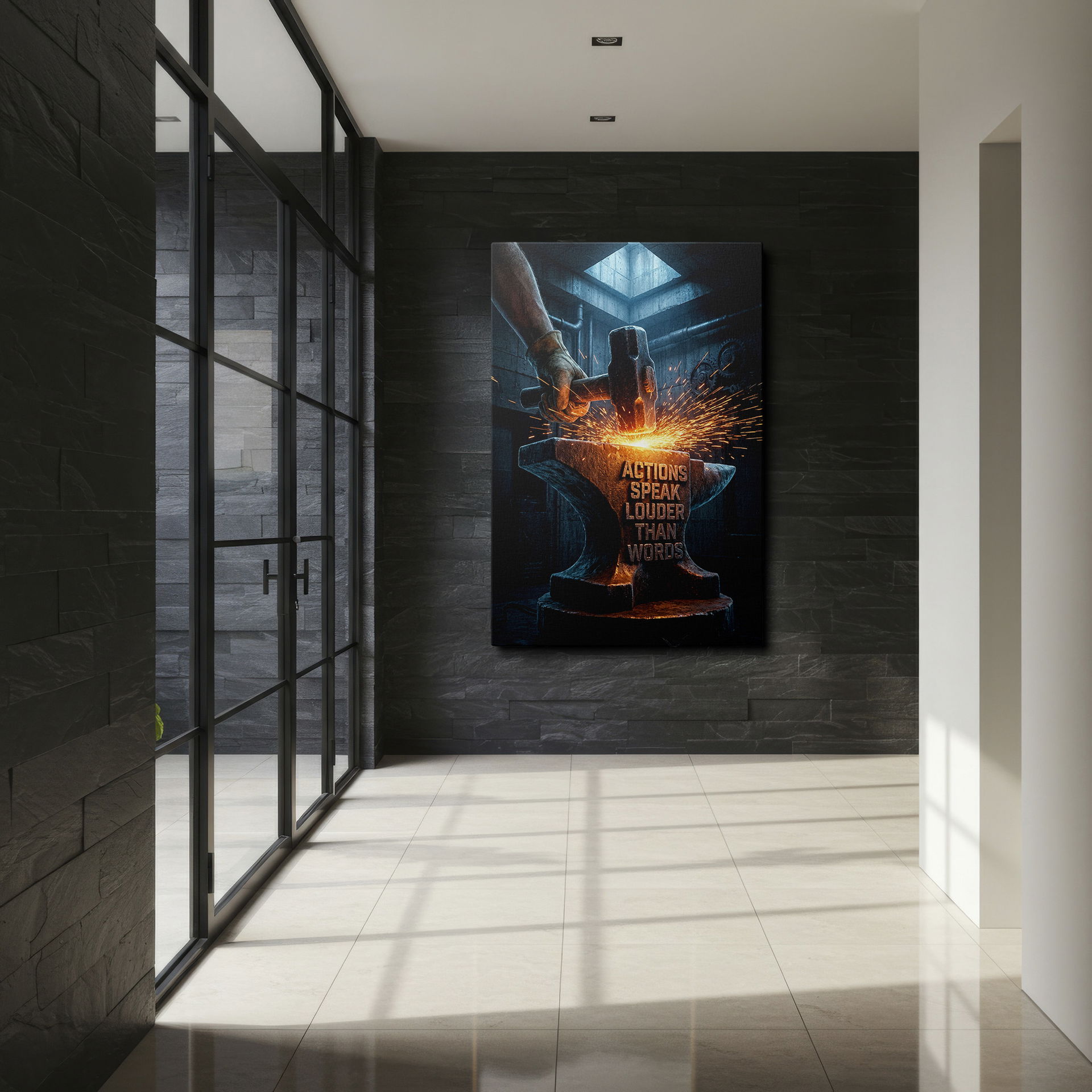 Industrial scene of a hammer striking an anvil with an inspirational message, perfect wall art for motivation.