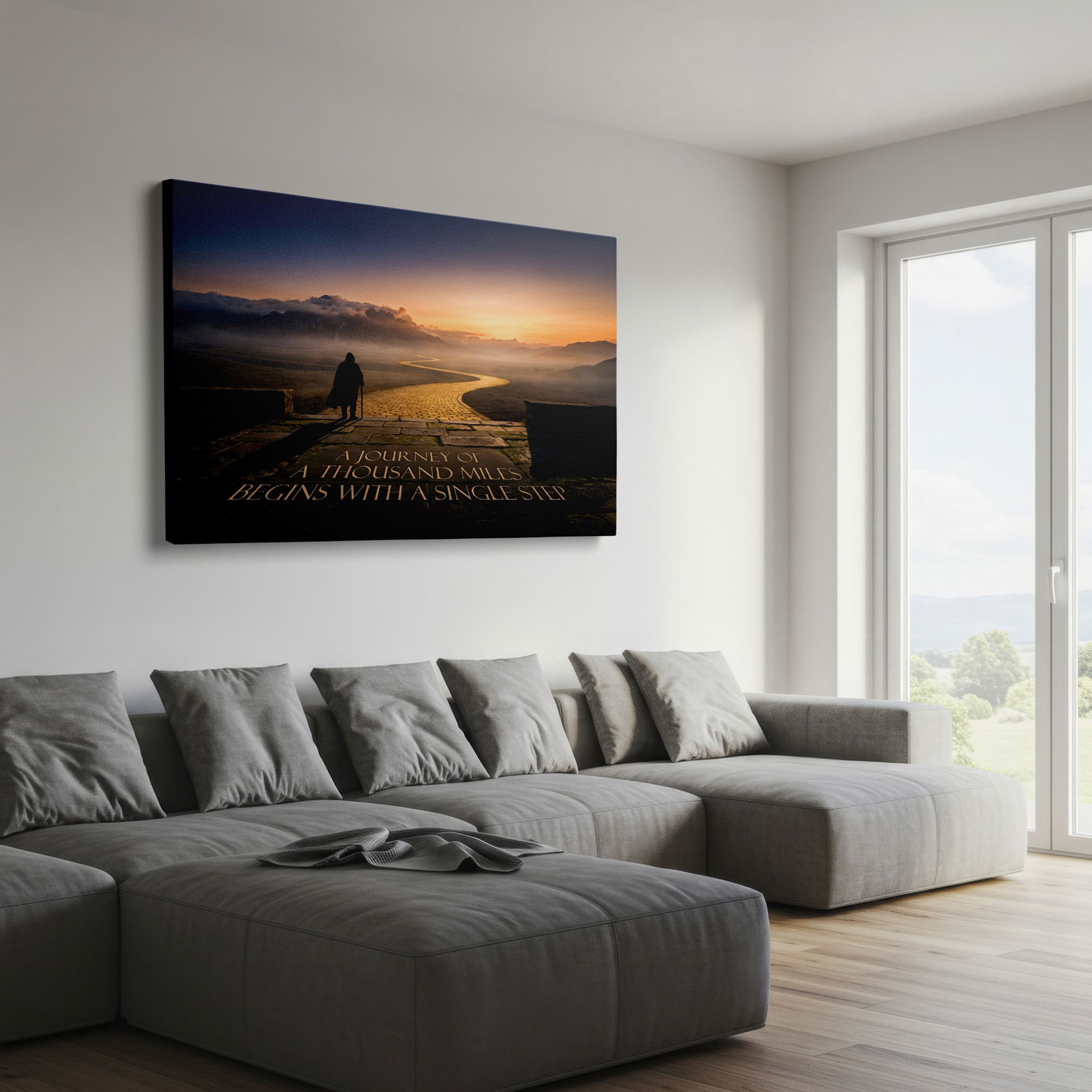 A scenic and motivational wall decor, featuring a distant mountain path and an inspiring quote etched in stone.
