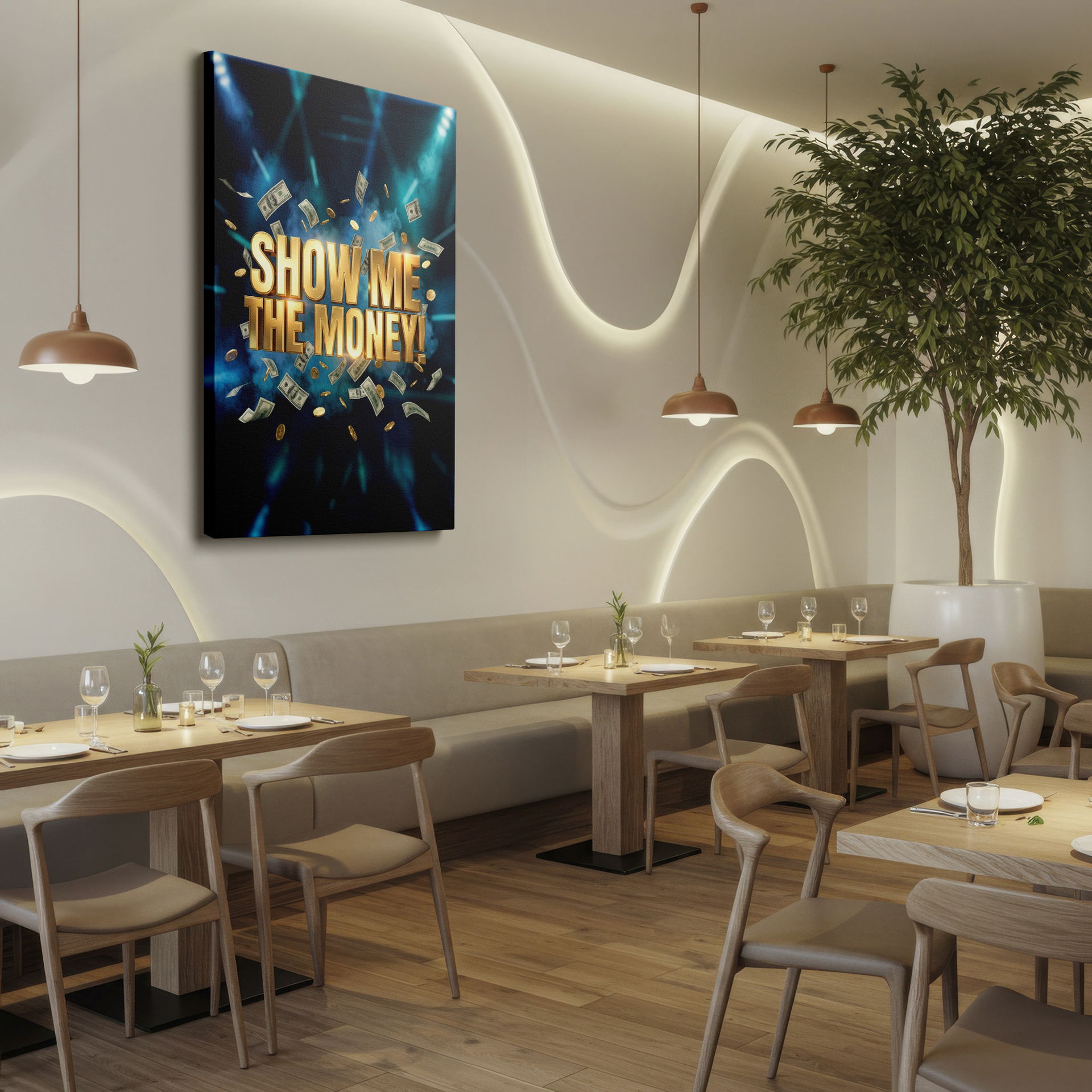 Gold 'Show Me The Money' design wall decor features falling currency and coins for a bold statement.