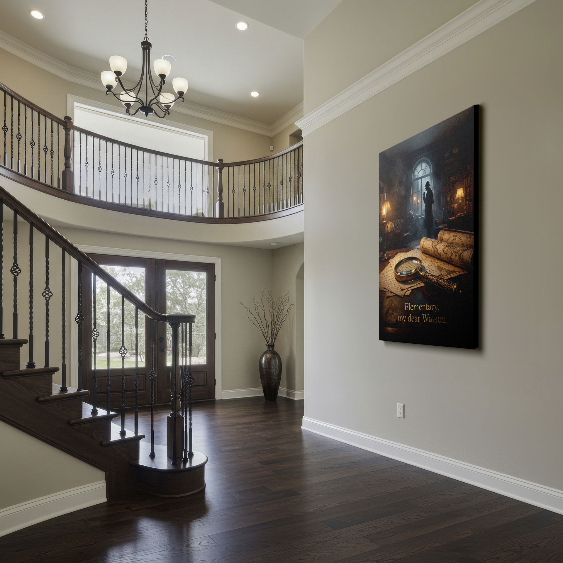 Detailed detective scene wall decor featuring classic imagery, including a magnifying glass and maps.