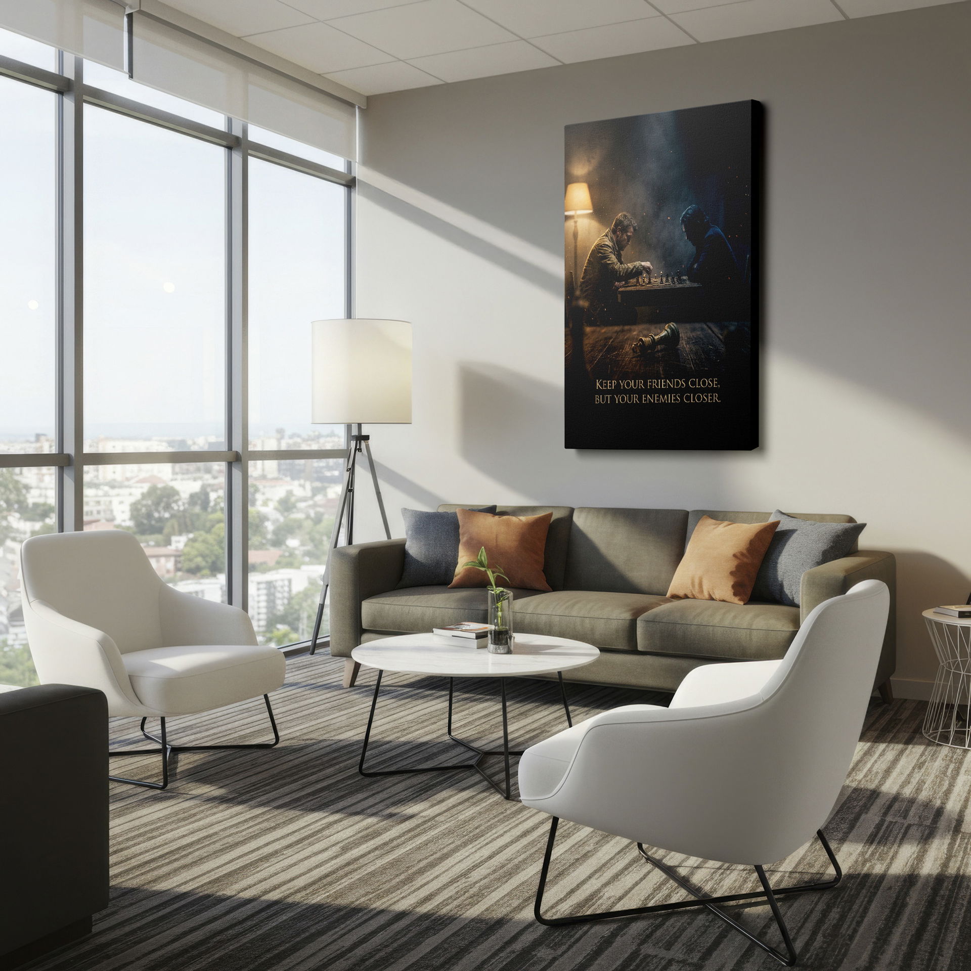 Strategic chess game with the impactful quote on display. A unique and thought-provoking wall art piece.