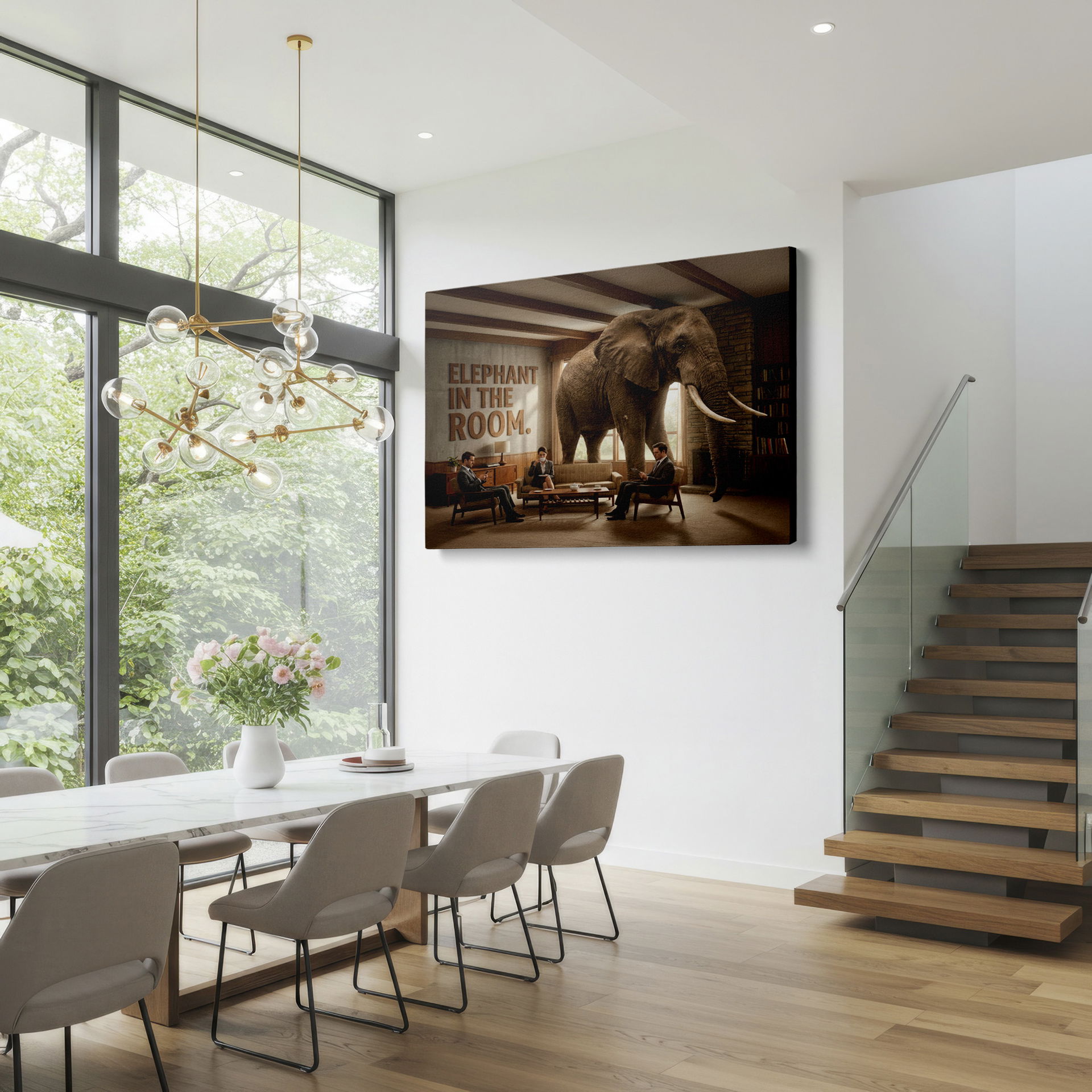 High-quality wall decor of a living room with an elephant, perfect for creating a bold and artistic atmosphere.